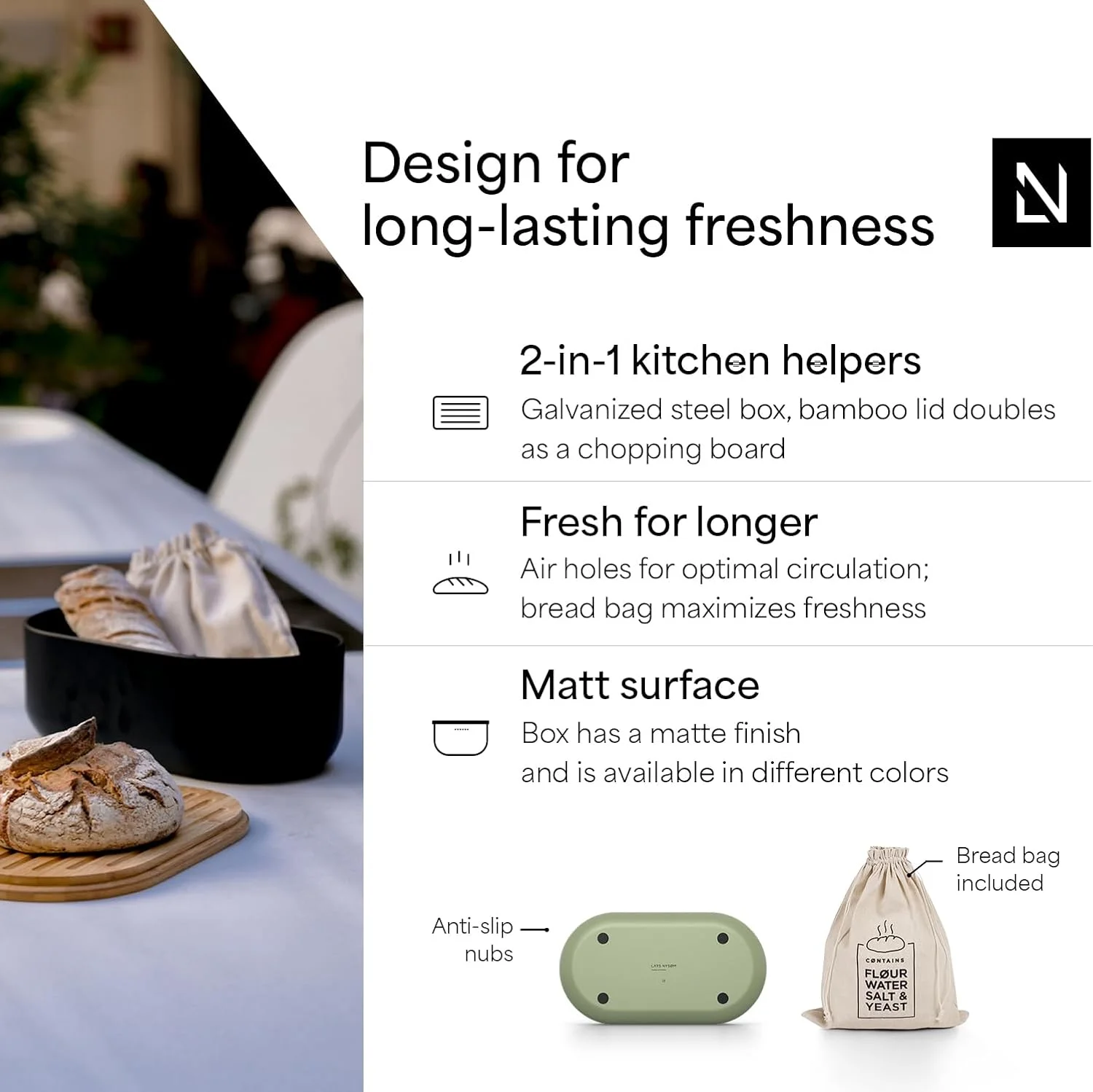 ظرف نان LARS NYSØM، جعبه نان فلزی با کیسه نان کتان برای تازگی طولانی مدت، ظرف غذا با درب بامبو قابل استفاده به عنوان تخته برش، 36 x 19 x 13 سانتی متر ظرف نان LARS NYSØM، جعبه نان فلزی با کیسه نان کتان برای تازگی طولانی مدت، ظرف غذا با درب بامبو قابل استفاده به عنوان تخته برش، 36 x 19 x 13 سانتی متر