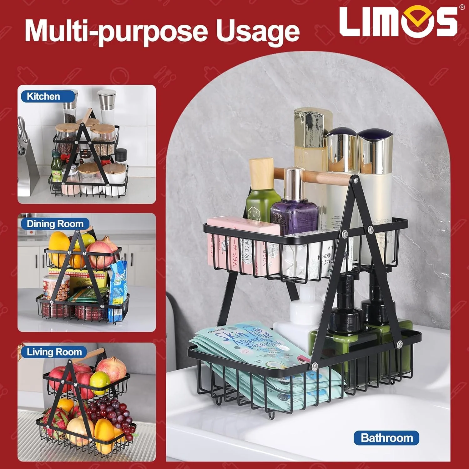 سبد میوه دو طبقه لیموس برای روی کابینت آشپزخانه - کاسه فلزی جداشدنی | استند نگهدارنده مشکی مات برای میوه و سبزیجات | دکوراسیون مدرن روی میز برای خانه و میز غذاخوری