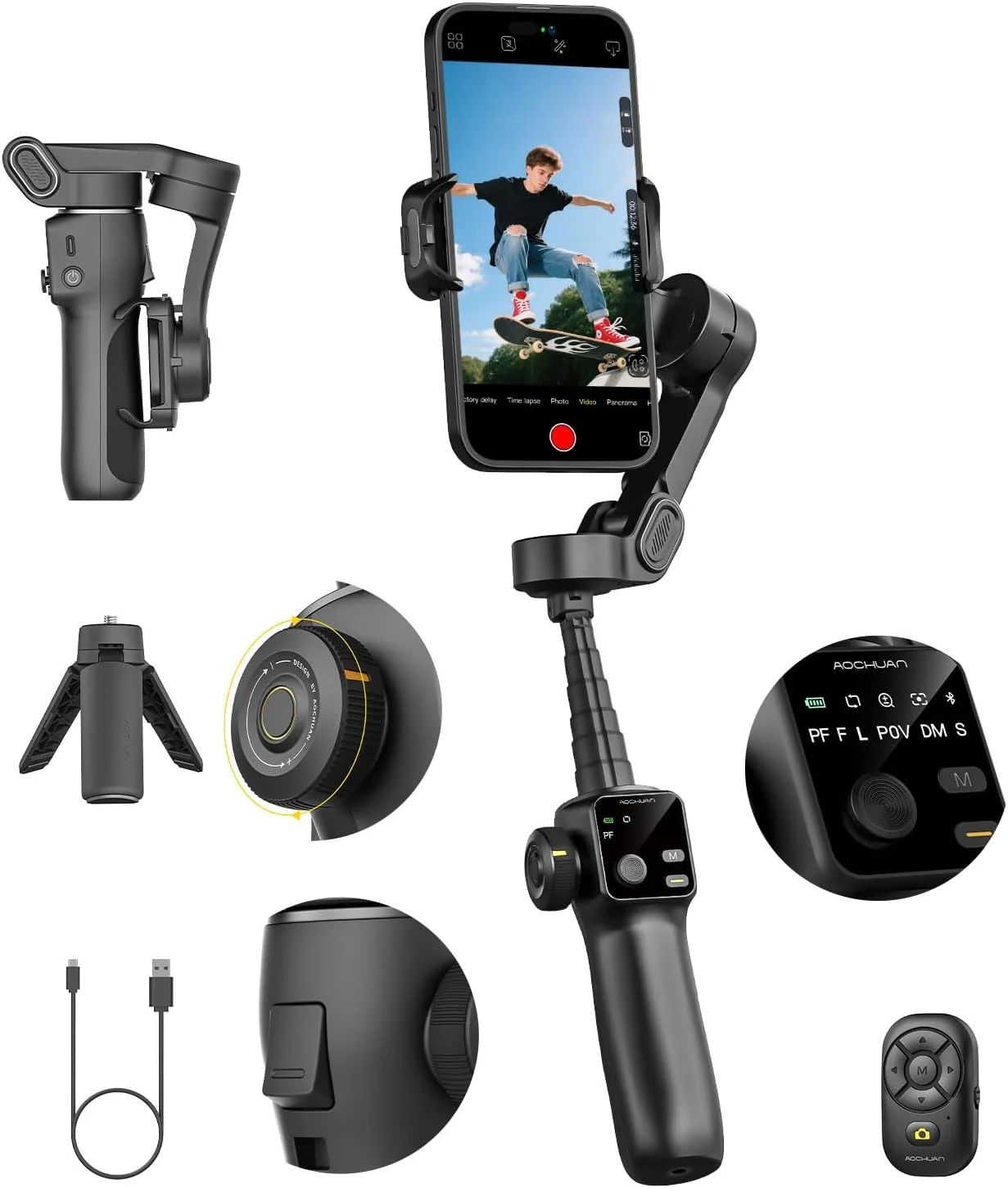 لرزشگیر گیمبال AOCHUAN برای آیفون با ریموت بلوتوث، لرزشگیر 3 محوره گوشی با میله افزایش طول 7.8 اینچی، گیمبال گوشی هوشمند با ردیابی چهره هوش مصنوعی، کنترل حرکتی برای فیلمبرداری - کیت Smart V8 مشکی
