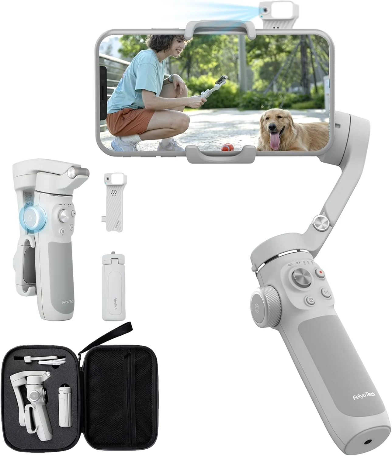 کیت FeiyuTech VB 4SE - لرزشگیر گیمبال تاشو 3 محوره تلفن هوشمند به همراه کیف و ماژول ردیابی هوش مصنوعی و نور، سازگار با آیفون و اندروید برای ولاگ، پخش زنده و ضبط ویدیو