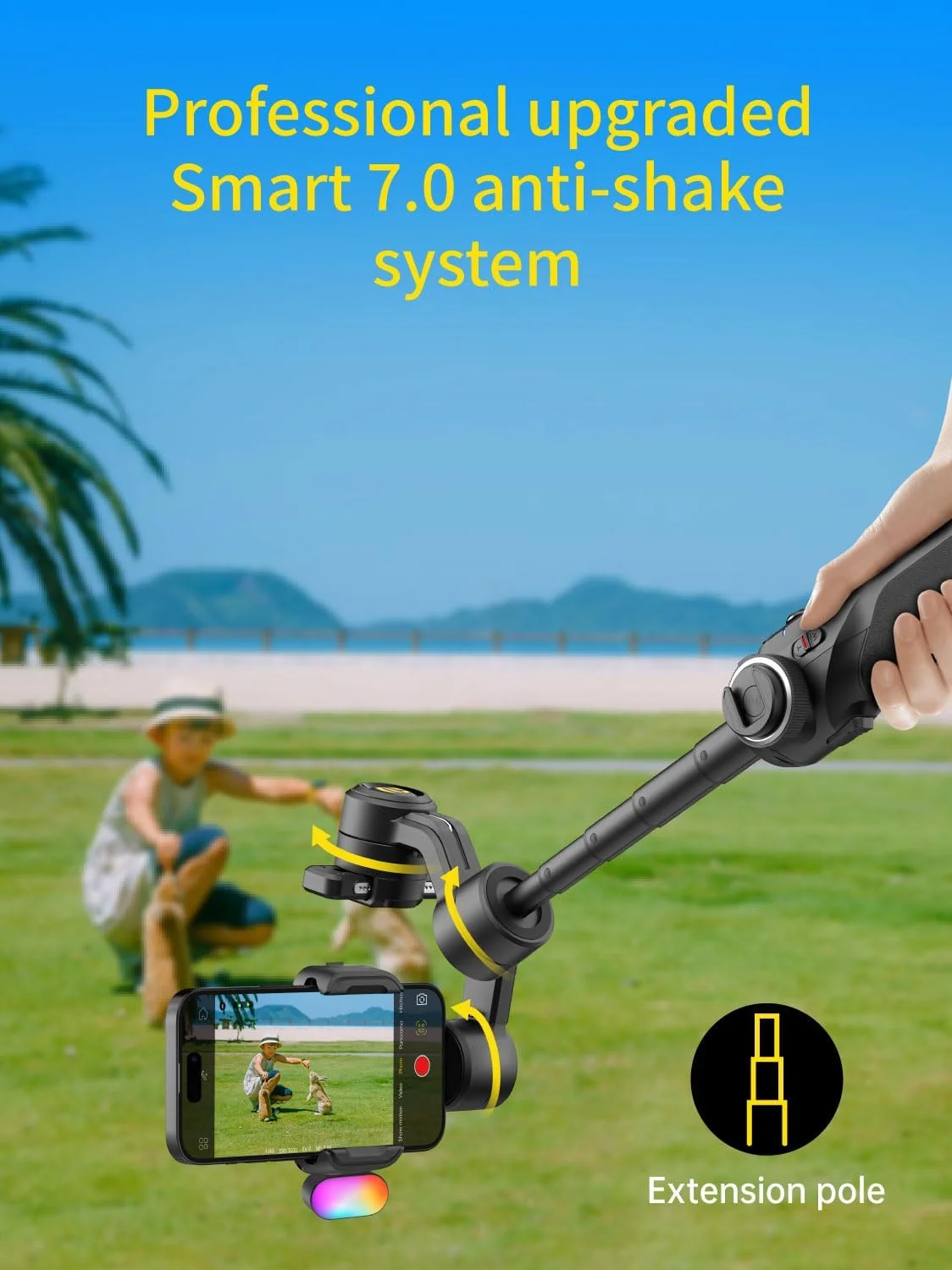 لرزشگیر گیمبال تلفن هوشمند AOCHUAN، گیمبال تلفن همراه با میله افزایش طول 8 اینچی، لرزشگیر حرفه ای 3 محوره با نور پرکننده مغناطیسی RGB برای ضبط ویدیو، سازگار با iPhone/Andriod-Smart S2 Kit