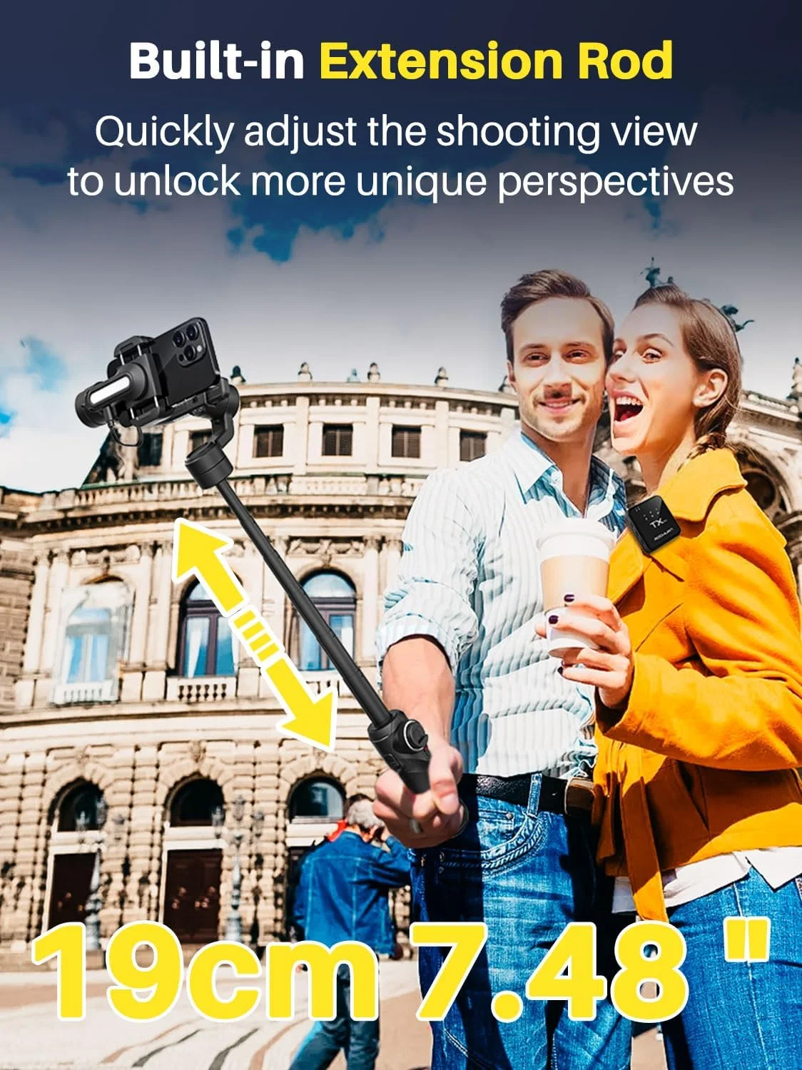 لرزشگیر گیمبال موبایل هوشمند AOCHUAN S2 Pro به همراه میکروفون یقه ای بی سیم، میله افزایش طول 18 سانتی متری و نور پرکننده داخلی، گیمبال 3 محوره حرفه ای برای آیفون و اندروید برای ضبط ویدیو