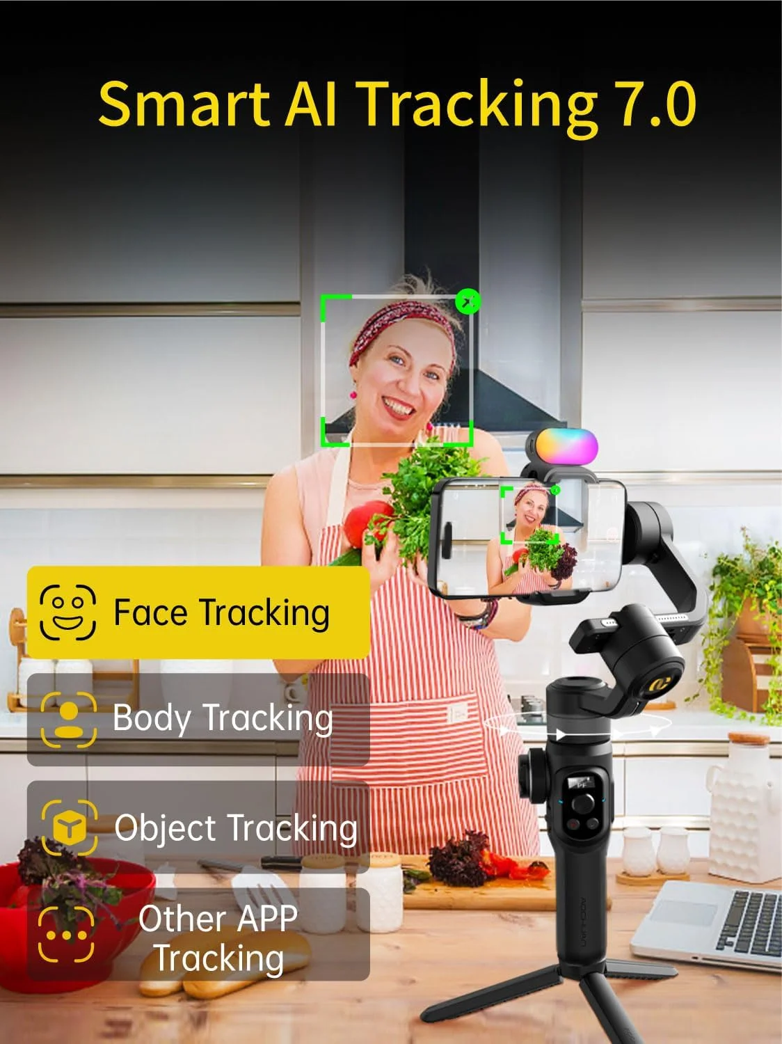 لرزشگیر گیمبال تلفن هوشمند AOCHUAN، گیمبال تلفن همراه با میله افزایش طول 8 اینچی، لرزشگیر حرفه ای 3 محوره با نور پرکننده مغناطیسی RGB برای ضبط ویدیو، سازگار با iPhone/Andriod-Smart S2 Kit