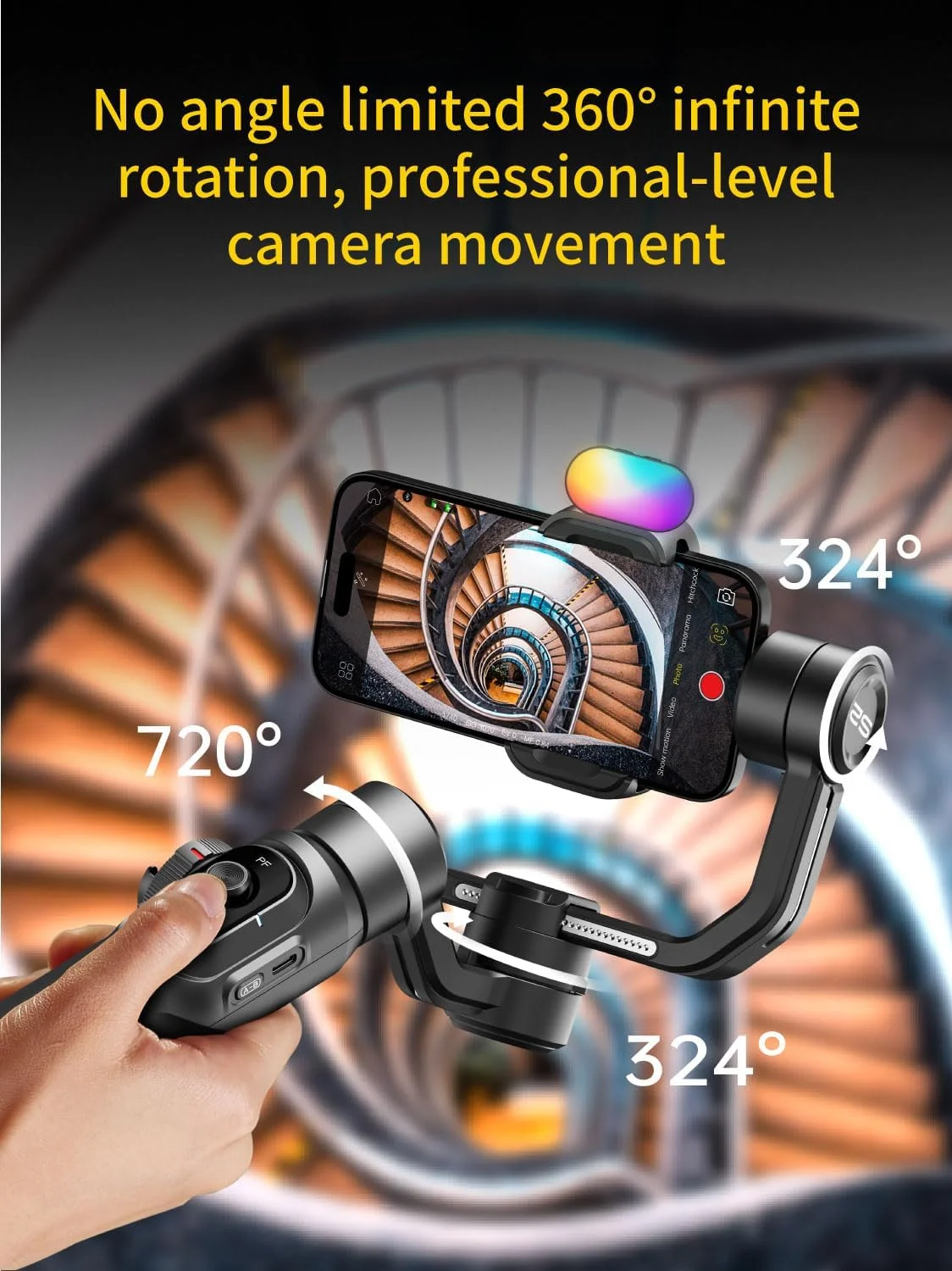 لرزشگیر گیمبال تلفن هوشمند AOCHUAN، گیمبال تلفن همراه با میله افزایش طول 8 اینچی، لرزشگیر حرفه ای 3 محوره با نور پرکننده مغناطیسی RGB برای ضبط ویدیو، سازگار با iPhone/Andriod-Smart S2 Kit