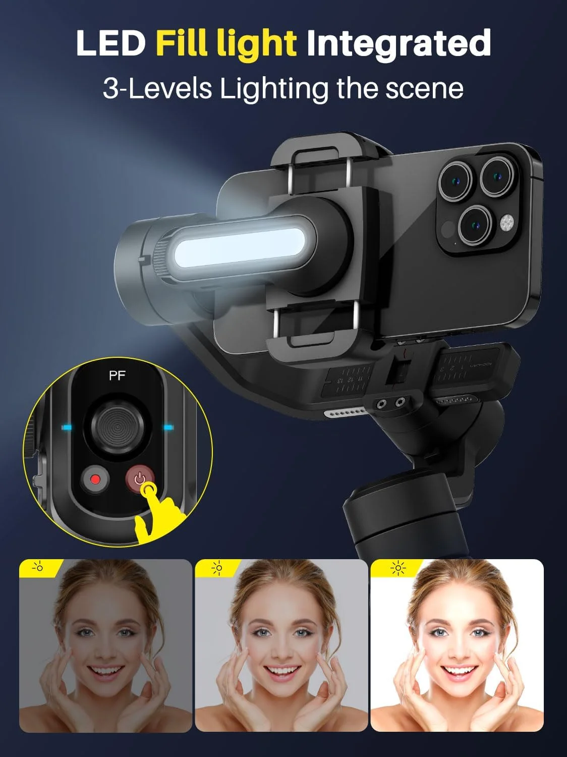 لرزشگیر گیمبال موبایل هوشمند AOCHUAN S2 Pro به همراه میکروفون یقه ای بی سیم، میله افزایش طول 18 سانتی متری و نور پرکننده داخلی، گیمبال 3 محوره حرفه ای برای آیفون و اندروید برای ضبط ویدیو