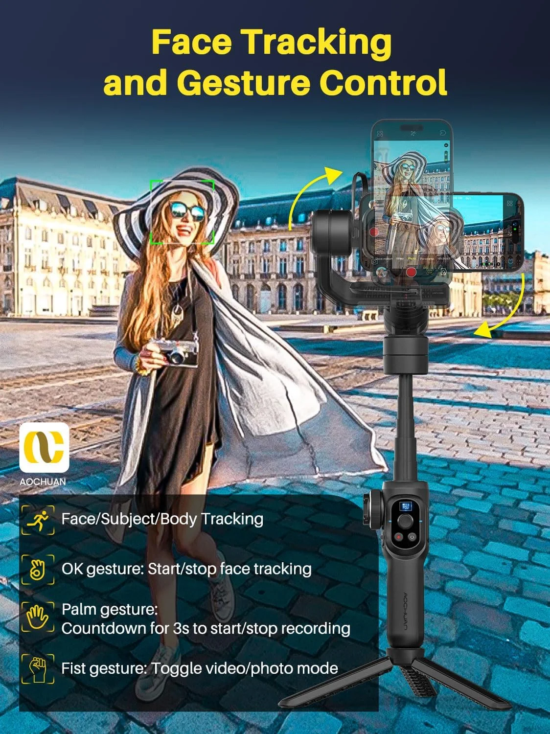 لرزشگیر گیمبال موبایل هوشمند AOCHUAN S2 Pro به همراه میکروفون یقه ای بی سیم، میله افزایش طول 18 سانتی متری و نور پرکننده داخلی، گیمبال 3 محوره حرفه ای برای آیفون و اندروید برای ضبط ویدیو