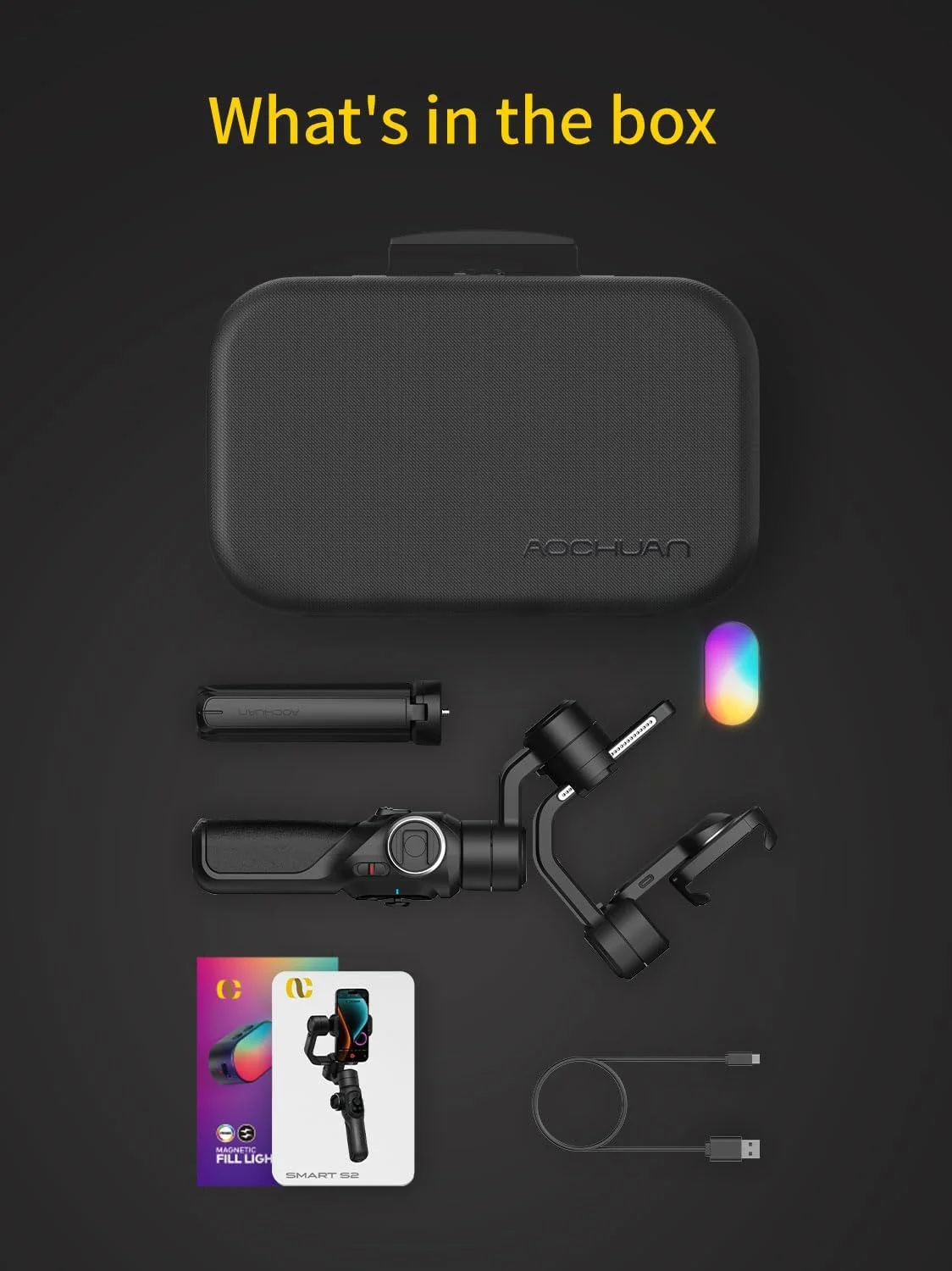 لرزشگیر گیمبال تلفن هوشمند AOCHUAN، گیمبال تلفن همراه با میله افزایش طول 8 اینچی، لرزشگیر حرفه ای 3 محوره با نور پرکننده مغناطیسی RGB برای ضبط ویدیو، سازگار با iPhone/Andriod-Smart S2 Kit