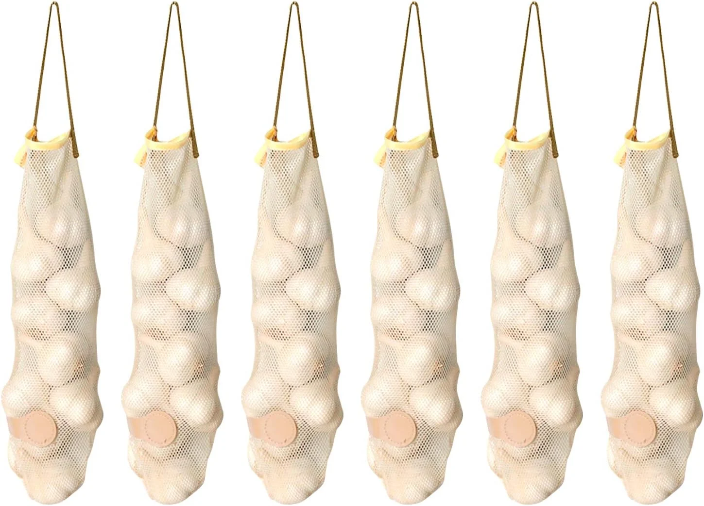 ست 6 عددی کیسه توری آویز قابل استفاده مجدد KPX برای نگهداری میوه و سبزیجات، سازمان دهنده آشپزخانه، کیسه های توری قابل شستشو و تاشو برای سیب زمینی، پیاز، سیر، سبزیجات، میوه یا کیسه زباله (6 عدد، کوچک)