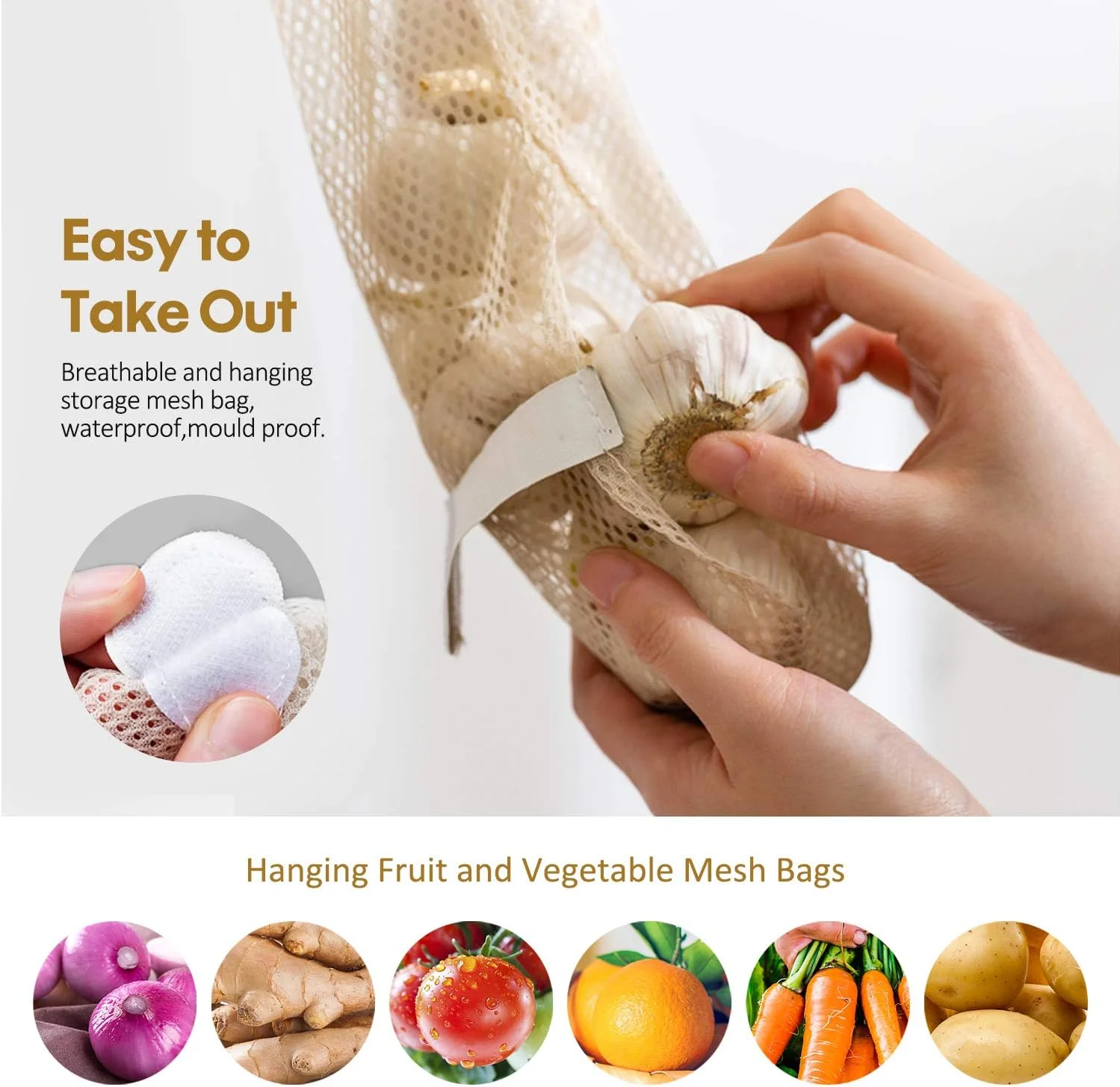 ست 6 عددی کیسه توری آویز قابل استفاده مجدد KPX برای نگهداری میوه و سبزیجات، سازمان دهنده آشپزخانه، کیسه های توری قابل شستشو و تاشو برای سیب زمینی، پیاز، سیر، سبزیجات، میوه یا کیسه زباله (6 عدد، کوچک)
