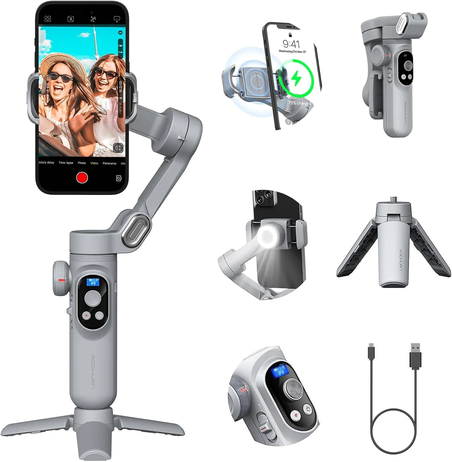 AOCHUAN Smart X Pro Gimbal Stabilizer for Smartphone with Face Detection LED Light Gimbal Foldable Phone 3 Axis Portable iPhone16 15 14 13 12Pro/Max Galaxy S24 Youtube TikTok