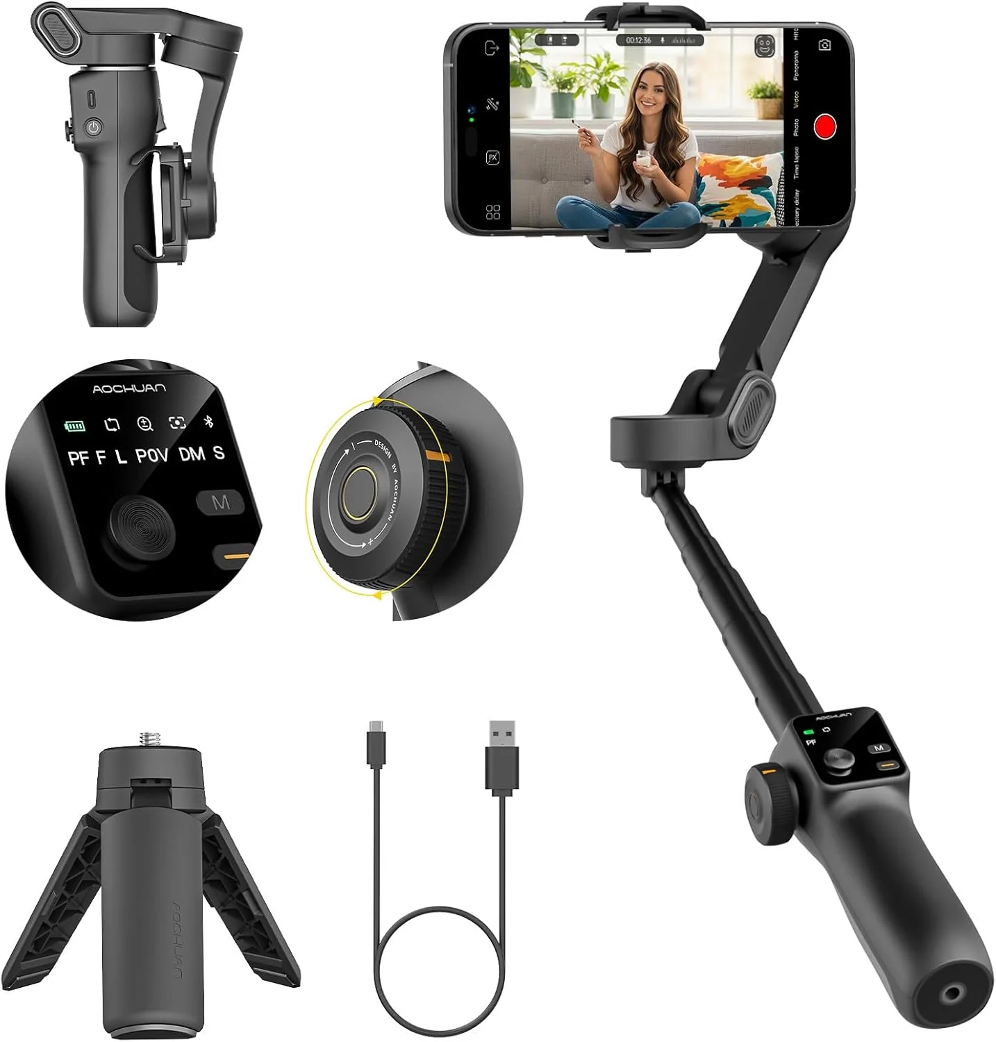 AOCHUAN 3-Axis Gimbal Stabilizer for iPhone, Smartphone Gimbal w/7.8" Extension Rod, OLED Display, Phone Stabilizer w/Face Tracking, Gesture Control, Video Record for iPhone & Android - Smart V8 Black
