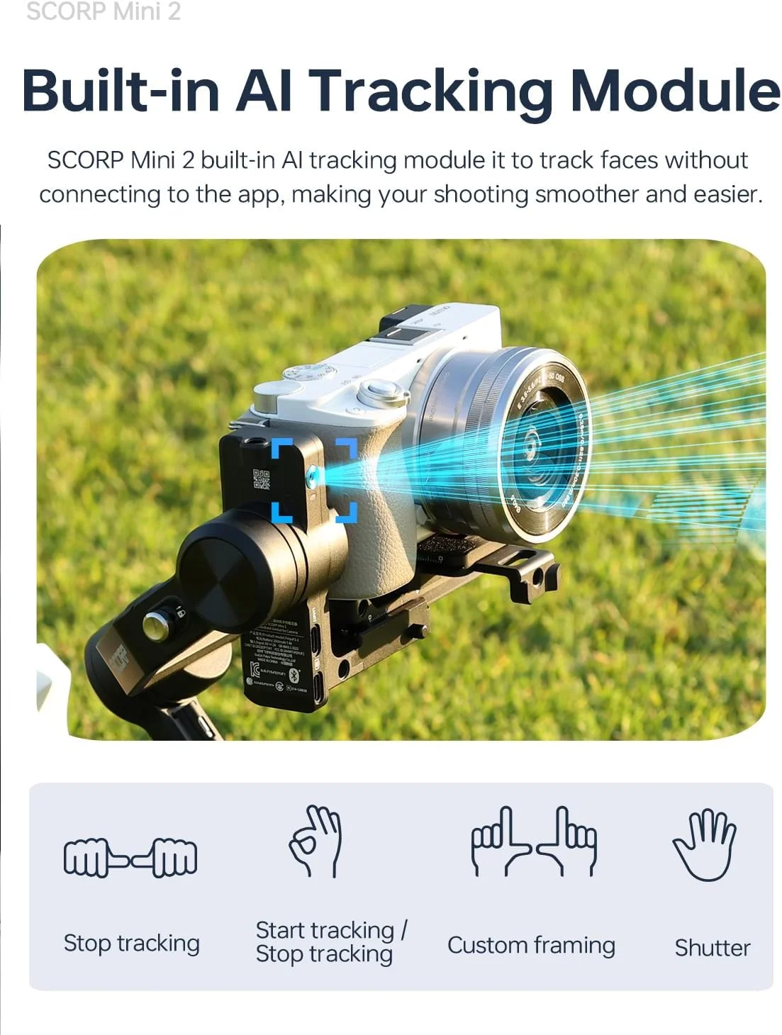 FeiyuTech SCORP Mini 2 [رسمی] لرزشگیر گیمبال با 3 محور، گیمبال همه کاره برای دوربین های بدون آینه، تلفن های هوشمند، دوربین های اکشن، ردیاب هوش مصنوعی داخلی، صفحه رهاسازی سریع عمودی، مشکی