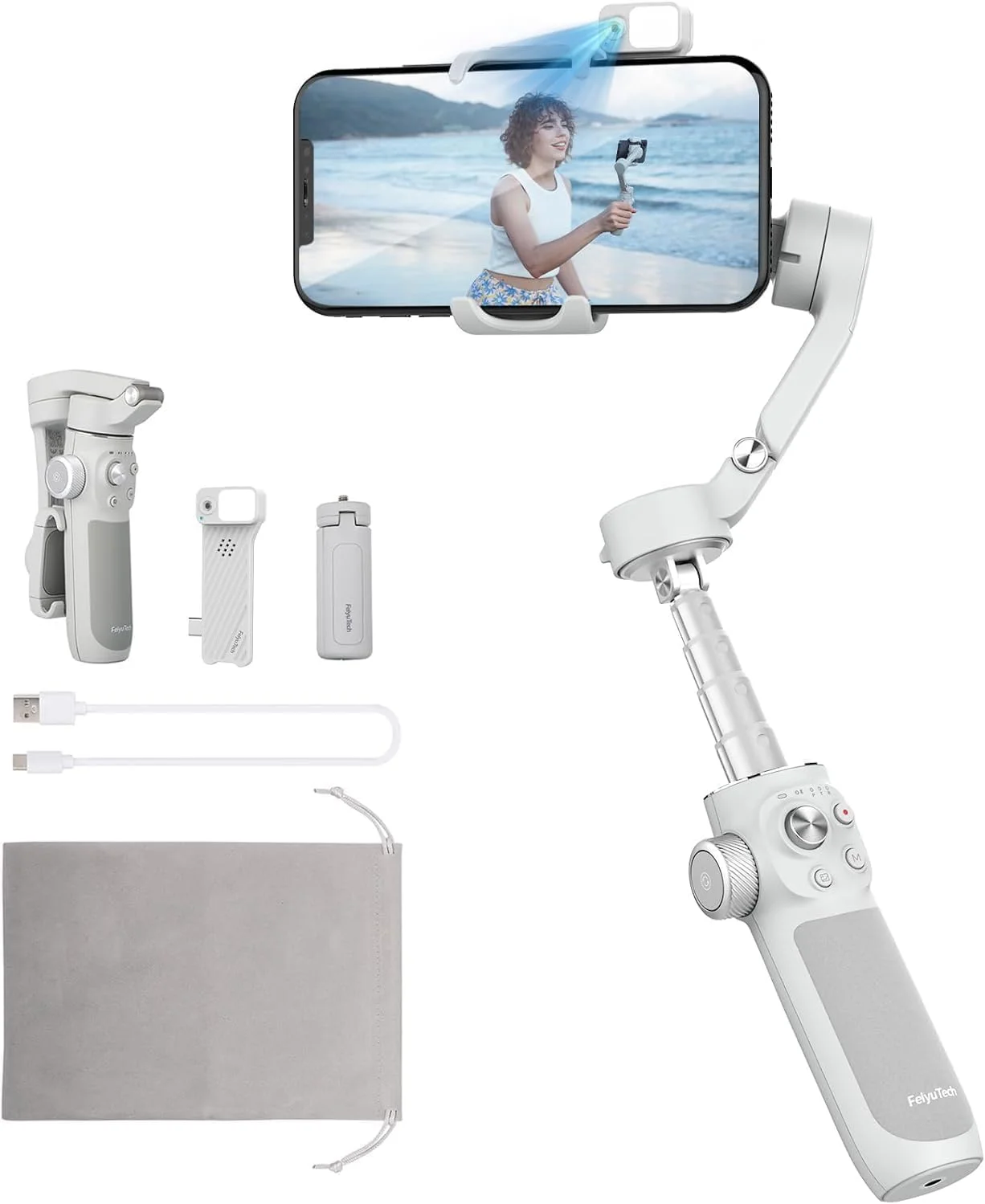 کیت گیمبال 3 محوره گوشی هوشمند FeiyuTech VB4 با میله افزایش طول 216 میلی‌متری، ردیابی چهره هوش مصنوعی و نور پرکننده، مناسب برای سری iPhone، Samsung Galaxy، Google Pixel، Motorola – حداکثر وزن قابل تحمل 260 گرم