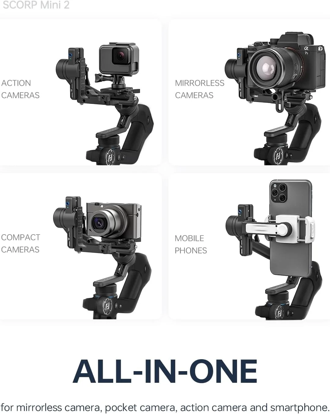 FeiyuTech SCORP Mini 2 [رسمی] لرزشگیر گیمبال با 3 محور، گیمبال همه کاره برای دوربین های بدون آینه، تلفن های هوشمند، دوربین های اکشن، ردیاب هوش مصنوعی داخلی، صفحه رهاسازی سریع عمودی، مشکی