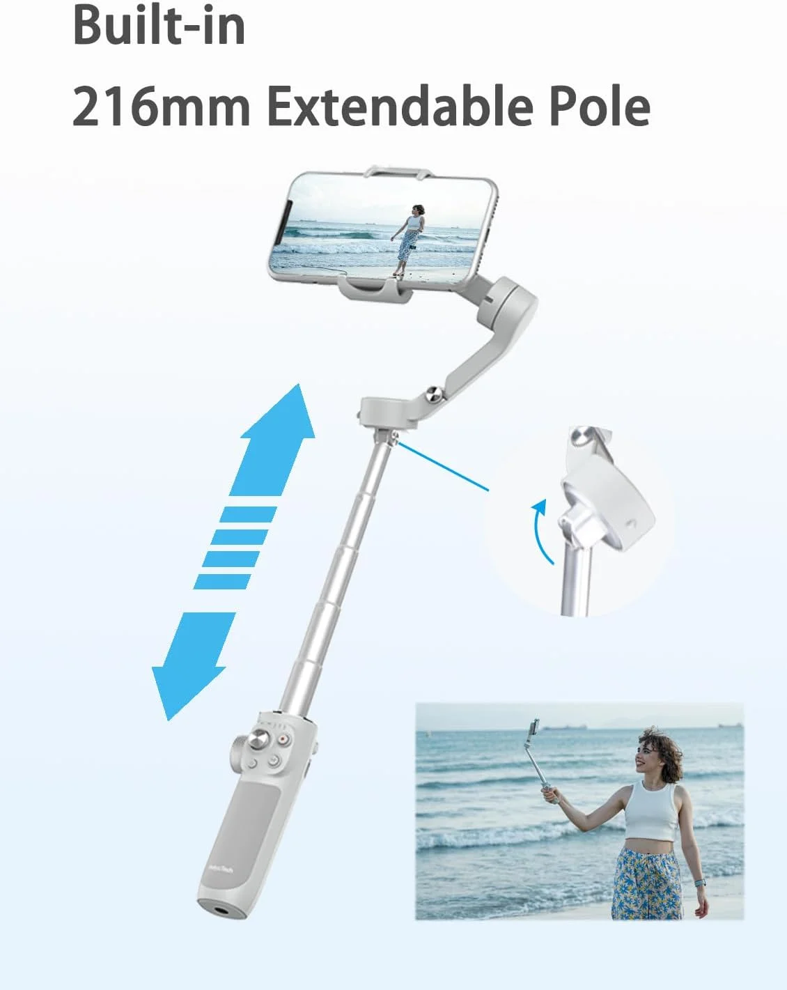 FeiyuTech VB4 [Official] 3-Axis Smartphone Gimbal Stabilizer,8.4’’Built-in Extendable Pole,Face/Object AI Tracking,fits iPhone17 16 15 Samsung Android Phone YouTube IG TikTok,Max 260g
