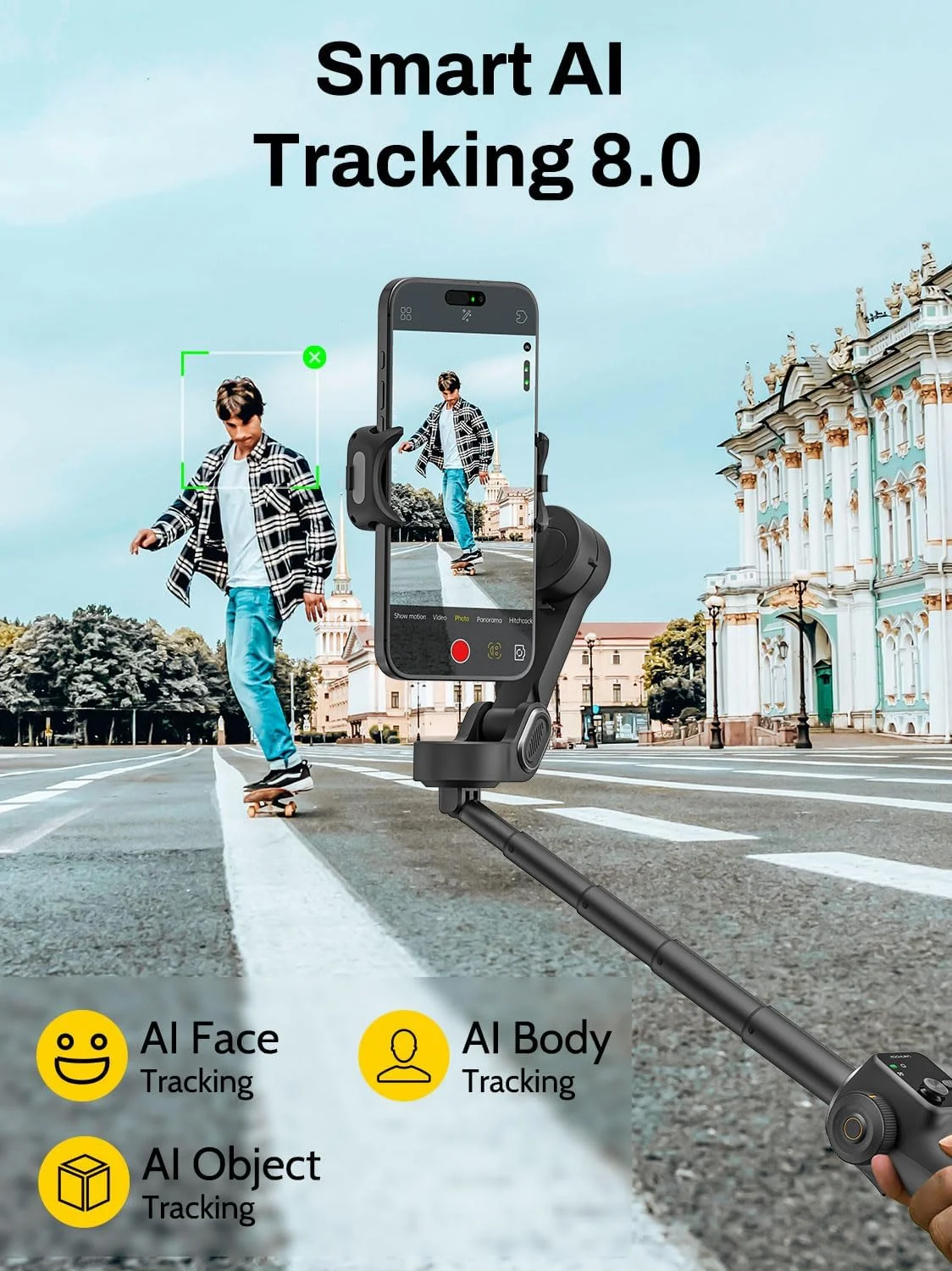AOCHUAN 3-Axis Gimbal Stabilizer for iPhone, Smartphone Gimbal w/7.8" Extension Rod, OLED Display, Phone Stabilizer w/Face Tracking, Gesture Control, Video Record for iPhone & Android - Smart V8 Black AOCHUAN 3-Axis Gimbal Stabilizer for iPhone, Smartphone Gimbal w/7.8" Extension Rod, OLED Display, Phone Stabilizer w/Face Tracking, Gesture Control, Video Record for iPhone & Android - Smart V8 Black