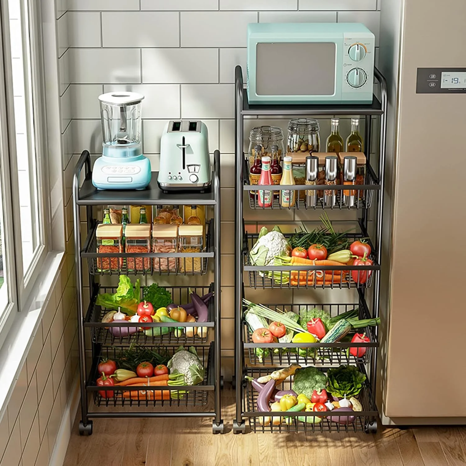 سبد میوه 5 طبقه برای آشپزخانه، سبد سیمی قابل انباشت سبد نگهداری میوه و سبزیجات با چرخ، قفسه سطل های نگهداری سیب زمینی و پیاز برای انبار آشپزخانه، سبد میوه و سبزیجات مشکی