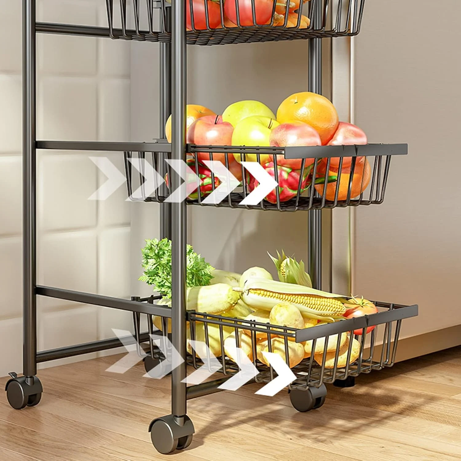 سبد میوه 5 طبقه برای آشپزخانه، سبد سیمی قابل انباشت سبد نگهداری میوه و سبزیجات با چرخ، قفسه سطل های نگهداری سیب زمینی و پیاز برای انبار آشپزخانه، سبد میوه و سبزیجات مشکی