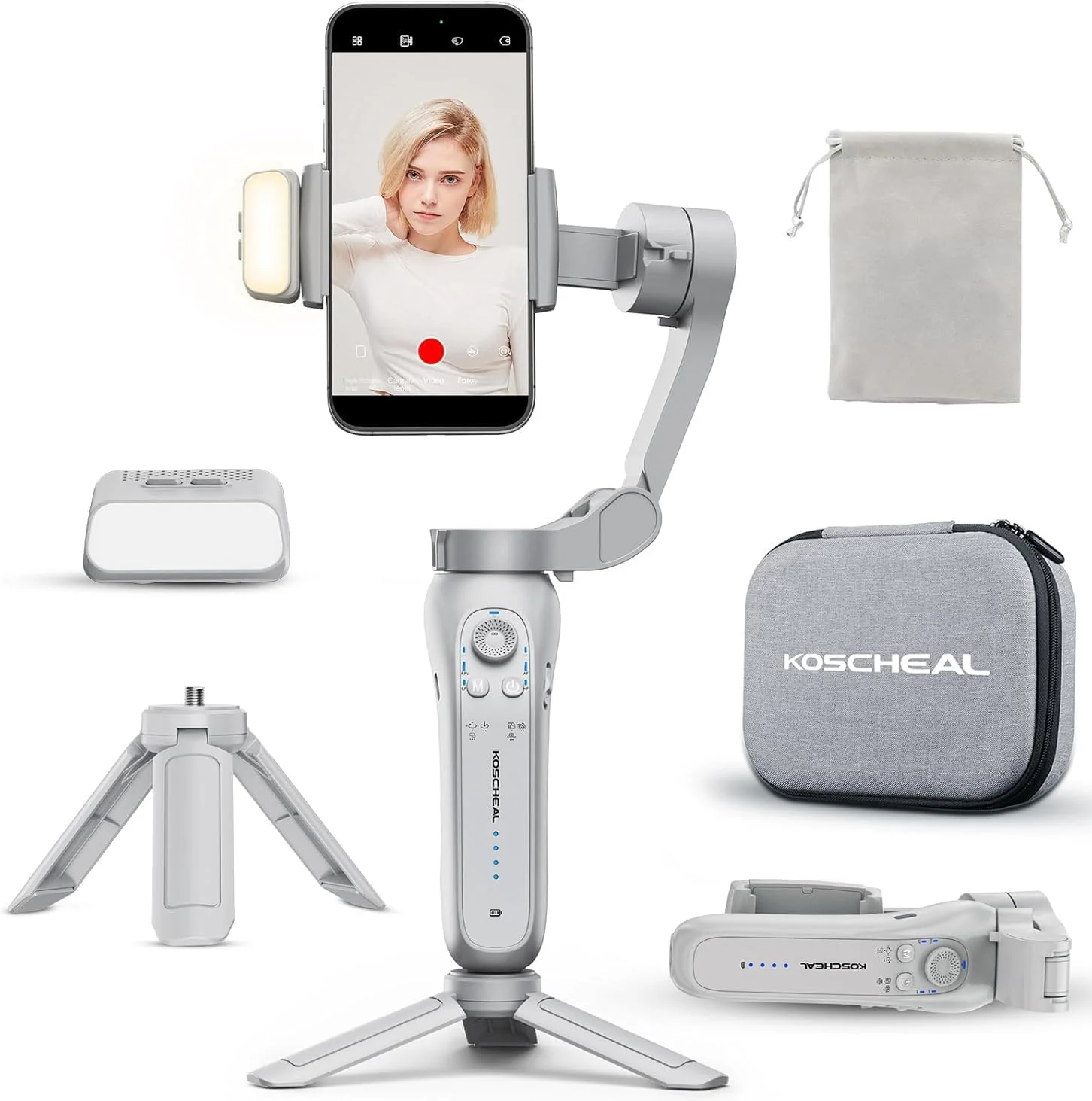 لرزشگیر تلفن همراه KOSCHEAL، لرزشگیر گیمبال 3 محوره تاشو و قابل حمل، ایده آل برای ولاگ، یوتیوب، TikTok و پخش زنده ولاگ برای اندروید و iOS