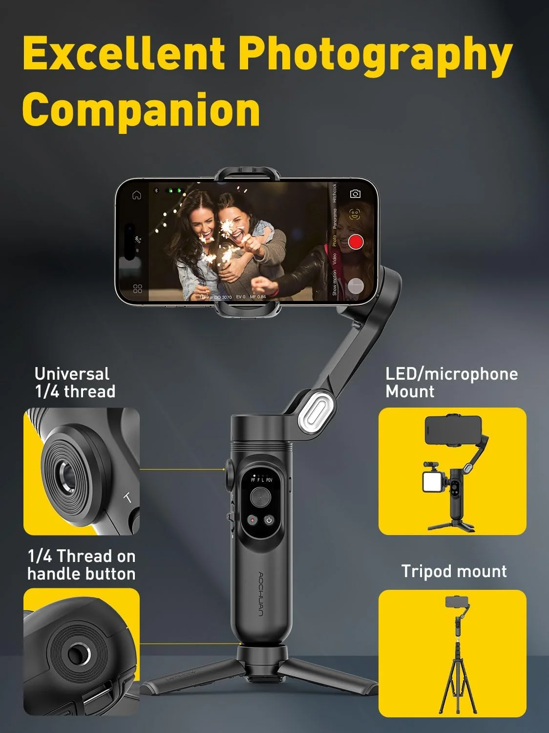 لرزشگیر گیمبال 3 محوره AOCHUAN برای آیفون 15/14/13 پرو مکس اندروید، گیمبال تاشو گوشی هوشمند با نور پرکننده داخلی، رزوه 1/4، کیت ولاگینگ ضد لرزش حرفه ای برای TikTok YouTube (Smart X Black) لرزشگیر گیمبال 3 محوره AOCHUAN برای آیفون 15/14/13 پرو مکس اندروید، گیمبال تاشو گوشی هوشمند با نور پرکننده داخلی، رزوه 1/4، کیت ولاگینگ ضد لرزش حرفه ای برای TikTok YouTube (Smart X Black)