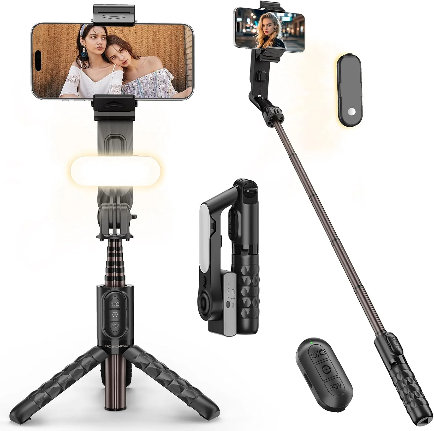 KOSCHEAL Selfie Stick Gimbal Stabilizer,1-Axis Cell Phone Stabilizer with Fill Light 360°Rotation with Wireless Controller for Android and iPhone,Ideal for Vlogging,Youtube