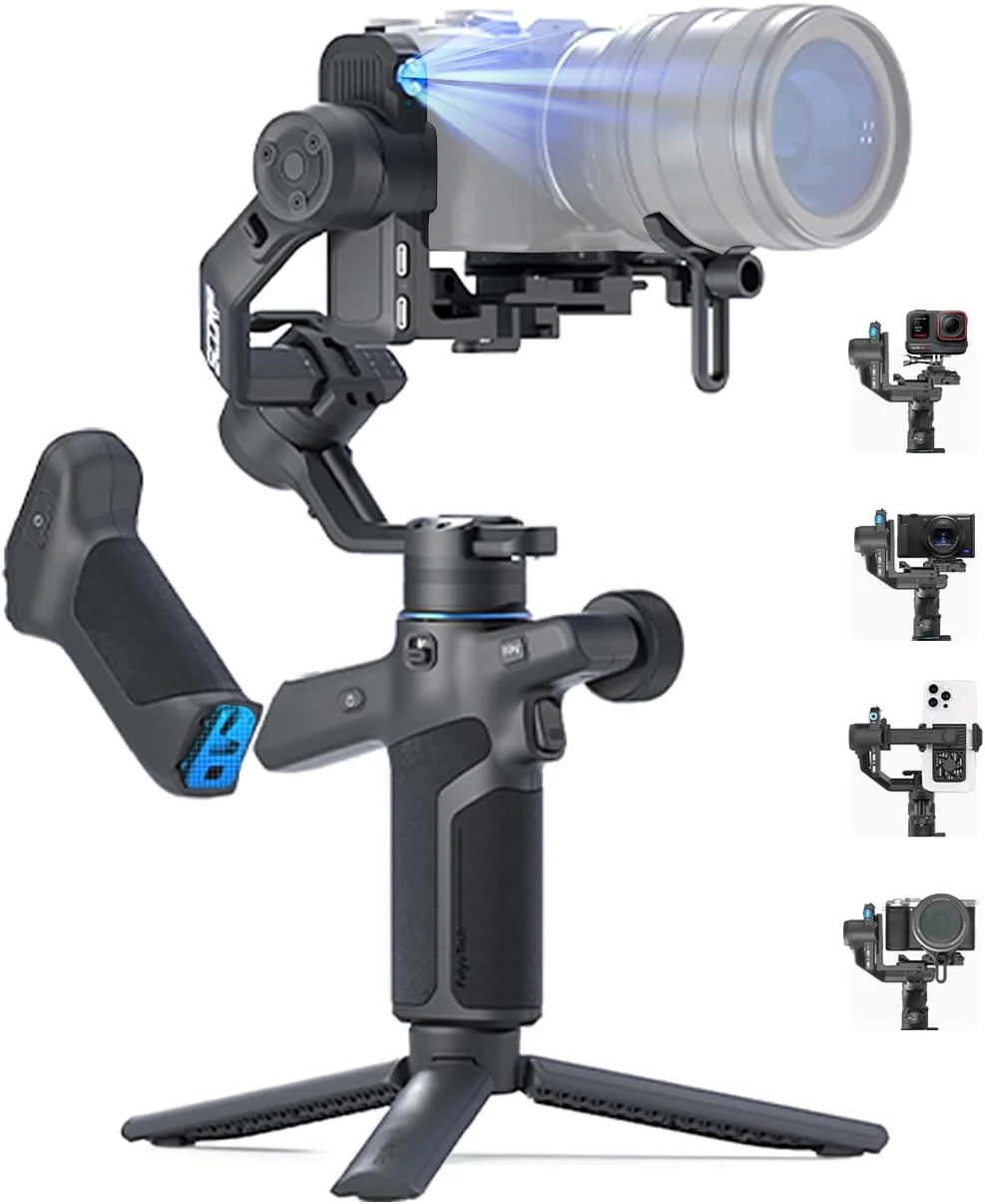 FeiyuTech SCORP Mini-3 PRO All in One 3-Axis Camera Stabilizer,Built-in 4.0 AI Track Handheld Gimbal,Detached Grip Handle with 12m Wireless Control,2KG Payload,1/4"Expansion Port,for Camera and Phone
