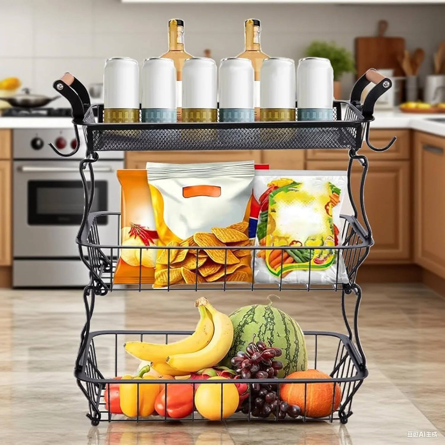 جامیوه ای 3 طبقه برای پیشخوان آشپزخانه | سازمان دهنده و نمایشگر با آویز موز، لوازم جانبی آشپزخانه برای سیب زمینی، نان، اسنک، پیاز و محصولات کشاورزی