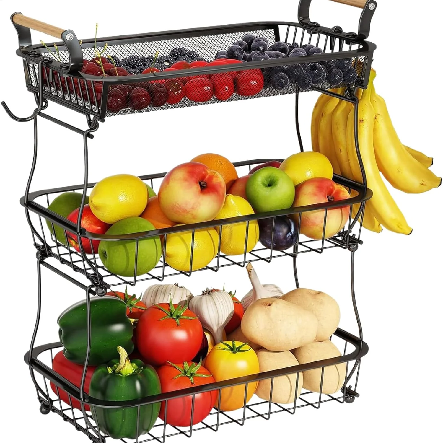 جامیوه ای، استند میوه 3 طبقه برای پیشخوان آشپزخانه، سازماندهی و نگهداری با آویز موز برای سیب زمینی پیاز سبزیجات نان محصولات انباری خانه آپارتمان