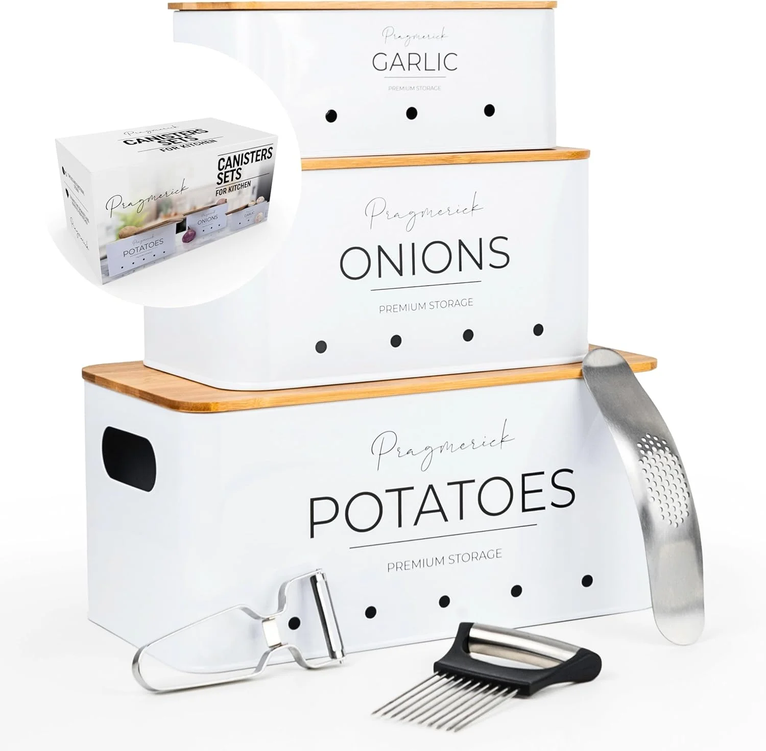 سازماندهی آشپزخانه، ظرف نگهداری سیب زمینی، ظرف نگهداری پیاز، ظرف نگهداری سیر با تهویه و درب بامبو، 3 ابزار استیل ضد زنگ - سیر خرد کن، نگهدارنده پیاز برای برش، پوست کن سبزیجات (6 تکه) سازماندهی آشپزخانه، ظرف نگهداری سیب زمینی، ظرف نگهداری پیاز، ظرف نگهداری سیر با تهویه و درب بامبو، 3 ابزار استیل ضد زنگ - سیر خرد کن، نگهدارنده پیاز برای برش، پوست کن سبزیجات (6 تکه)