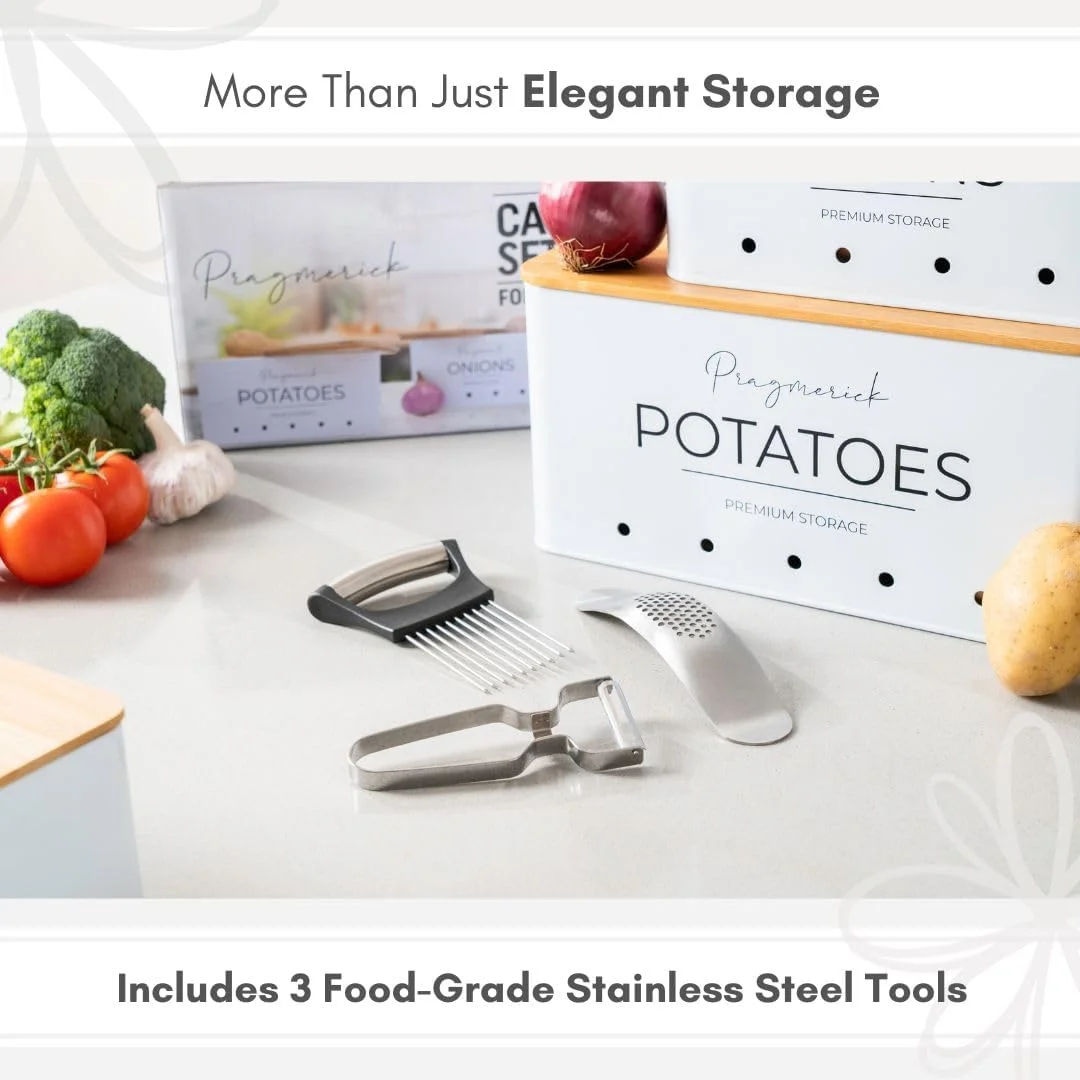 سازماندهی آشپزخانه، ظرف نگهداری سیب زمینی، ظرف نگهداری پیاز، ظرف نگهداری سیر با تهویه و درب بامبو، 3 ابزار استیل ضد زنگ - سیر خرد کن، نگهدارنده پیاز برای برش، پوست کن سبزیجات (6 تکه)