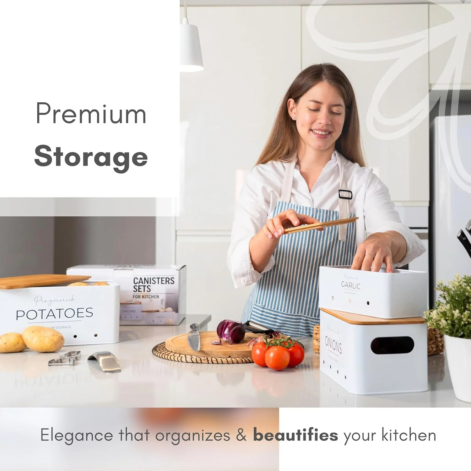 سازماندهی آشپزخانه، ظرف نگهداری سیب زمینی، ظرف نگهداری پیاز، ظرف نگهداری سیر با تهویه و درب بامبو، 3 ابزار استیل ضد زنگ - سیر خرد کن، نگهدارنده پیاز برای برش، پوست کن سبزیجات (6 تکه)