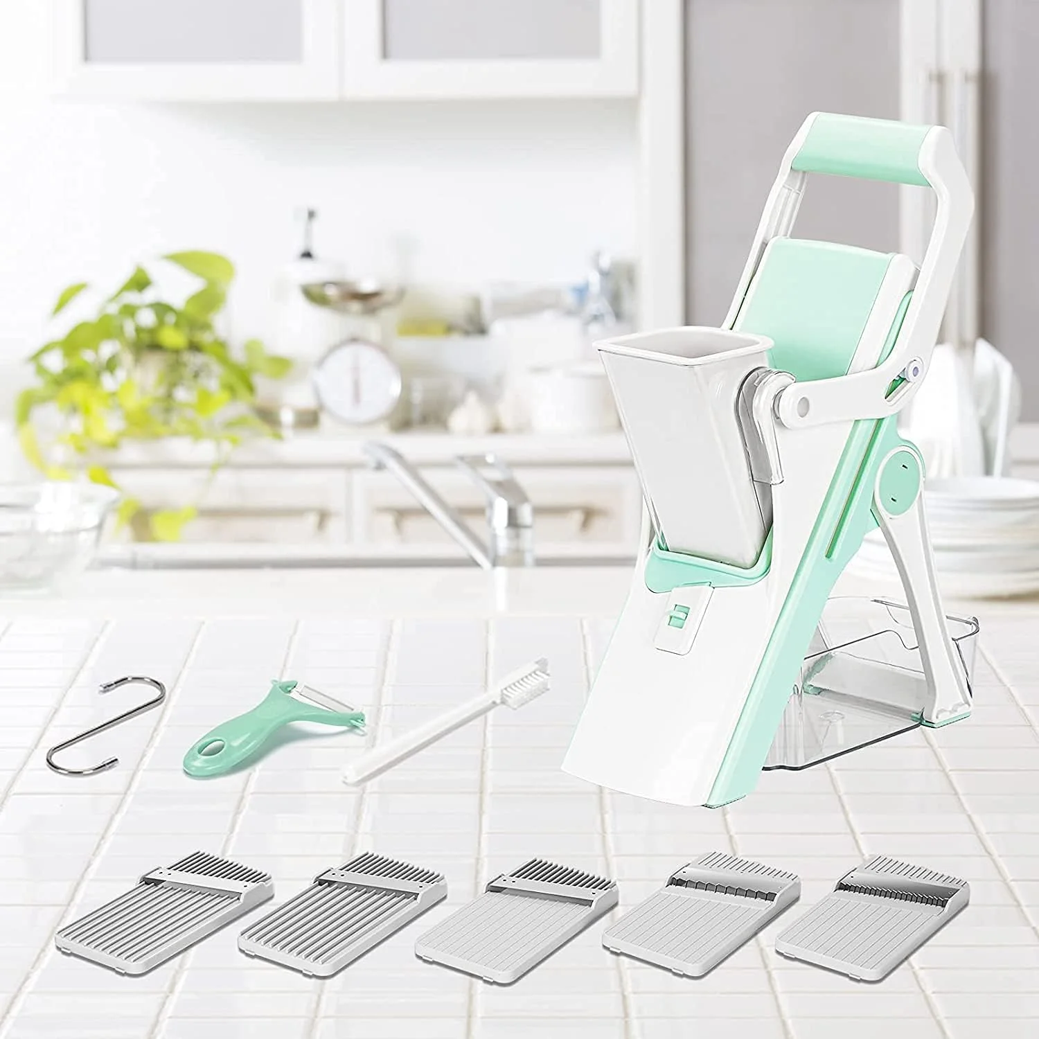 خردکن و اسلایسر ماندولین 5 در 1 KASTWAVE با محفظه - ایده آل برای پیاز، سیب زمینی، سالاد، سیب، هویج و گوشت - 5 تیغه تیز برای برش و رنده کردن آسان