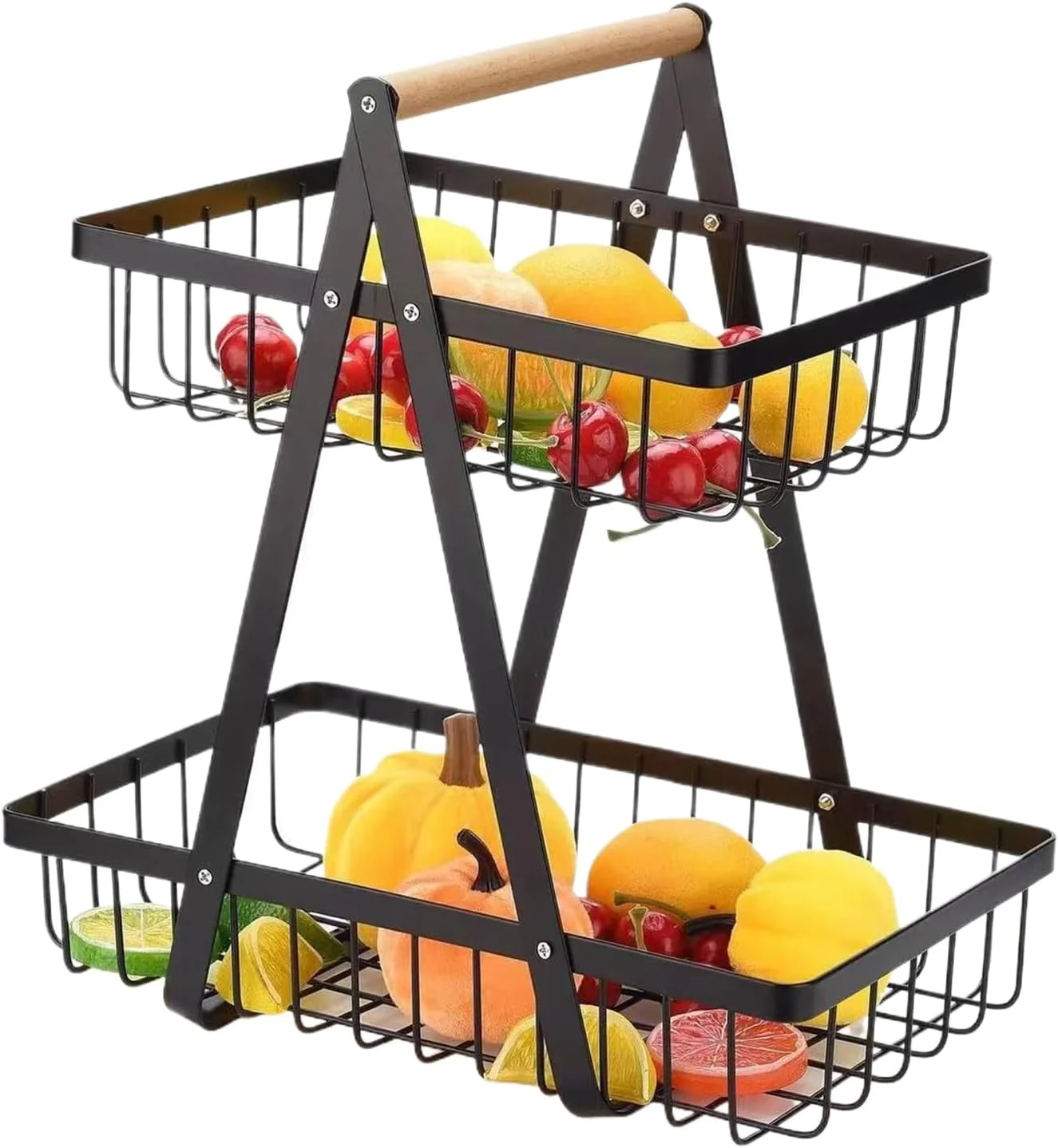 سبد میوه آشپزخانه، قفسه نگهداری 2 طبقه | سازمان دهنده فلزی با ظرفیت بزرگ، نگهدارنده تنقلات و لوازم جانبی آشپزخانه برای نان، سبزیجات، پیاز و سیب زمینی