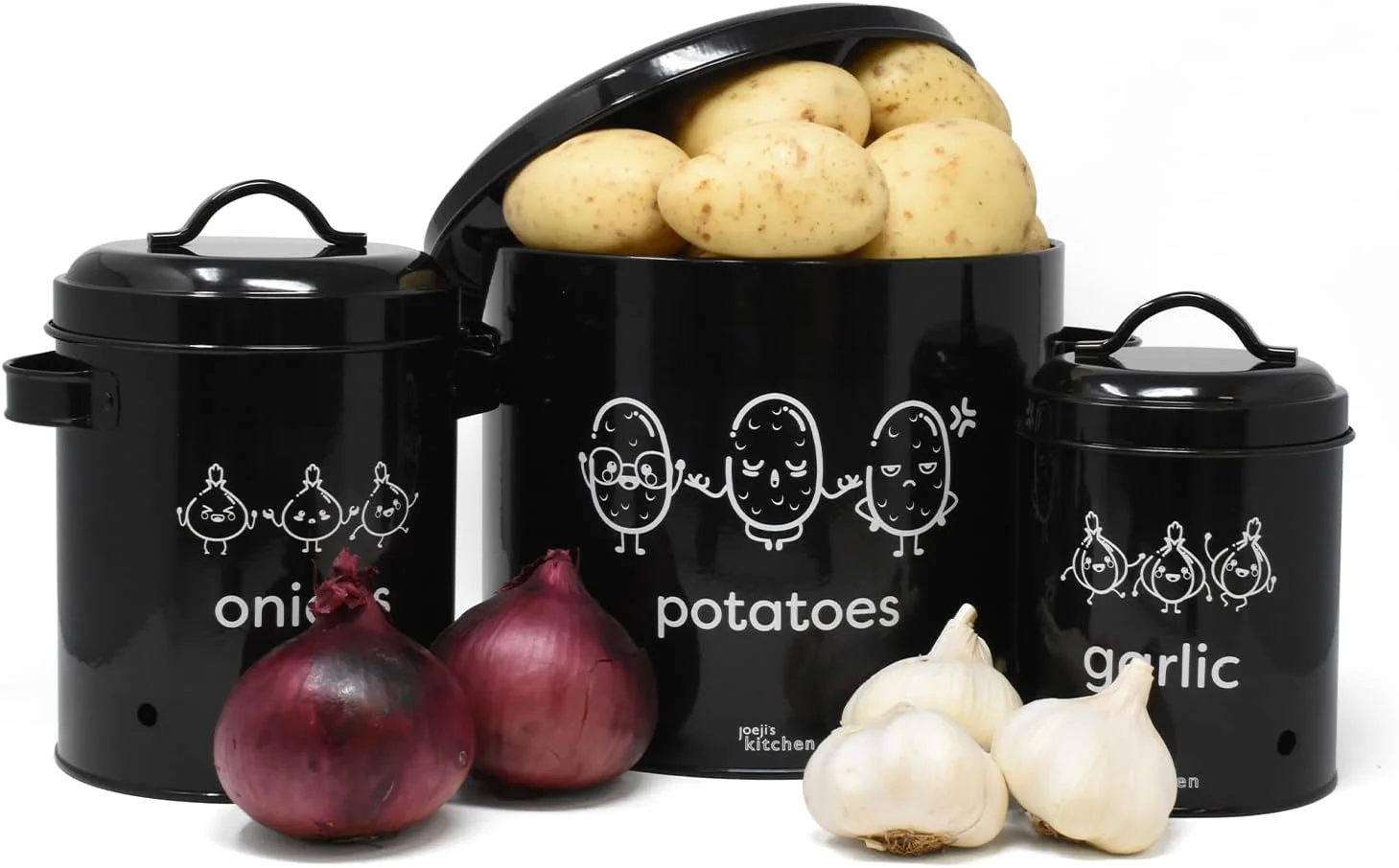 ست 3 تایی ظروف نگهداری پیاز و سیب زمینی آشپزخانه جوجی، ظروف فلزی درب دار با گردش هوای 360 درجه، سبزیجات را برای مدت طولانی تری تازه نگه می دارد - ظرف نگهداری سبزیجات و سیر - مشکی