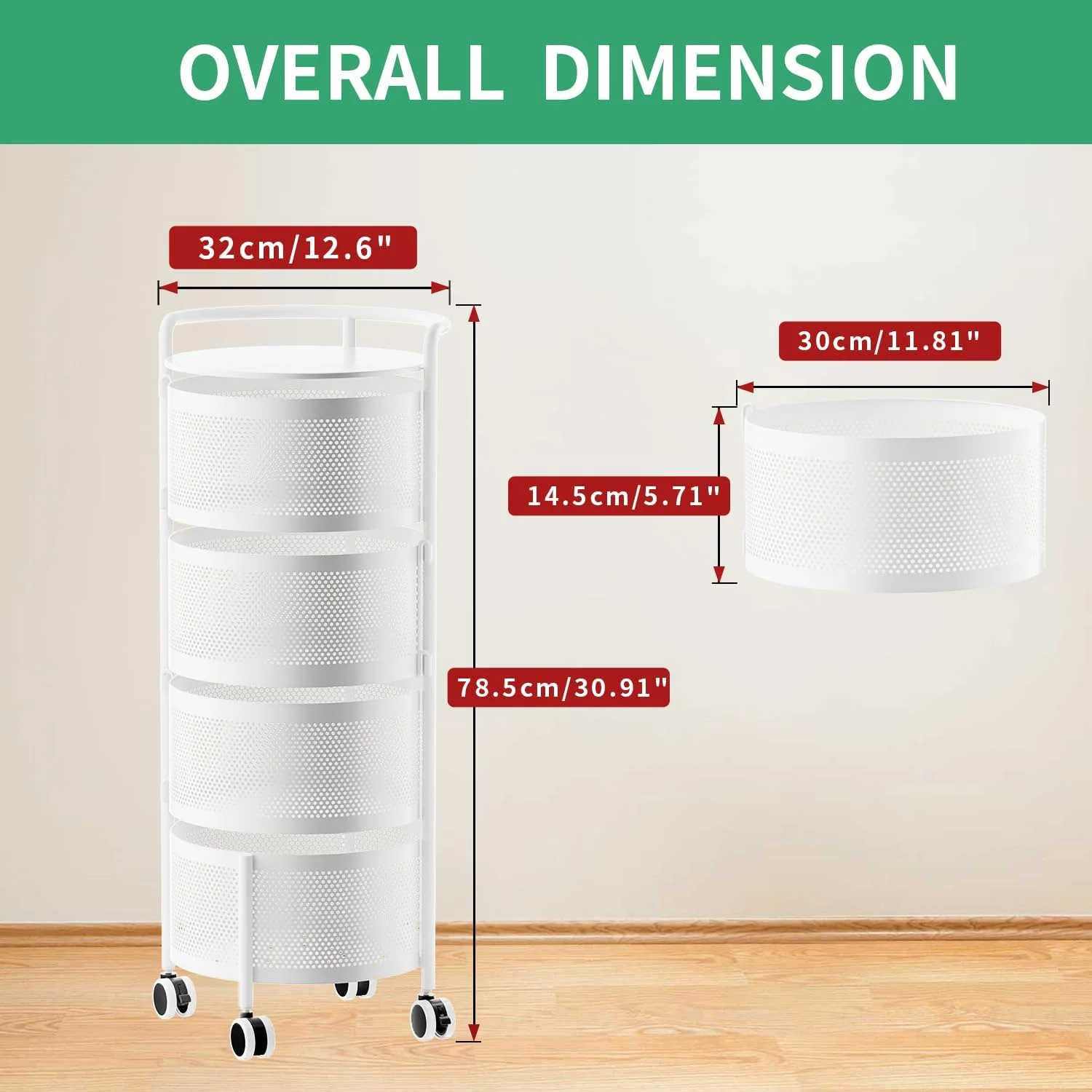 قفسه چرخشی JAQ برای آشپزخانه، قفسه سبدی چند لایه 4 طبقه با سبدهای قابل جابجایی روی چرخ برای میوه، سبزیجات، مواد غذایی، ذرت، سیب زمینی و پیاز (4 طبقه، سفید)