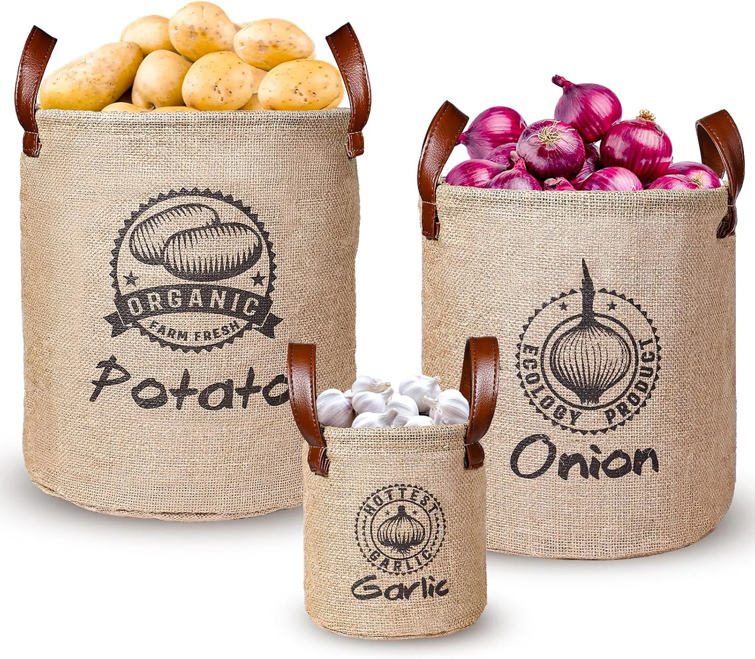 Kamehame Potato and Onion Storage Bags Garlic Storage Keeper Bag 3 Pcs Lined Burlap Pantry Storage Bin Basket