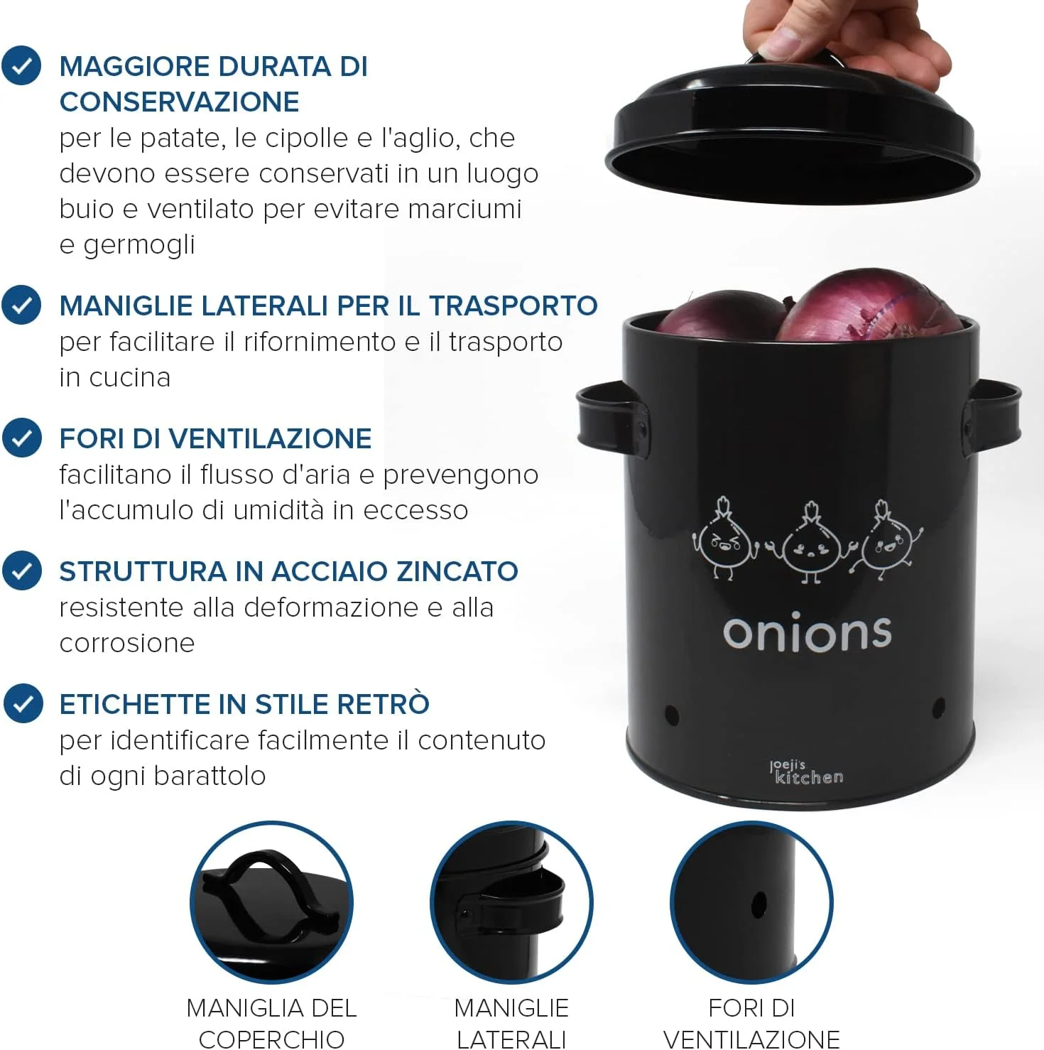 ست 3 تایی ظروف نگهداری پیاز و سیب زمینی آشپزخانه جوجی، ظروف فلزی درب دار با گردش هوای 360 درجه، سبزیجات را برای مدت طولانی تری تازه نگه می دارد - ظرف نگهداری سبزیجات و سیر - مشکی ست 3 تایی ظروف نگهداری پیاز و سیب زمینی آشپزخانه جوجی، ظروف فلزی درب دار با گردش هوای 360 درجه، سبزیجات را برای مدت طولانی تری تازه نگه می دارد - ظرف نگهداری سبزیجات و سیر - مشکی