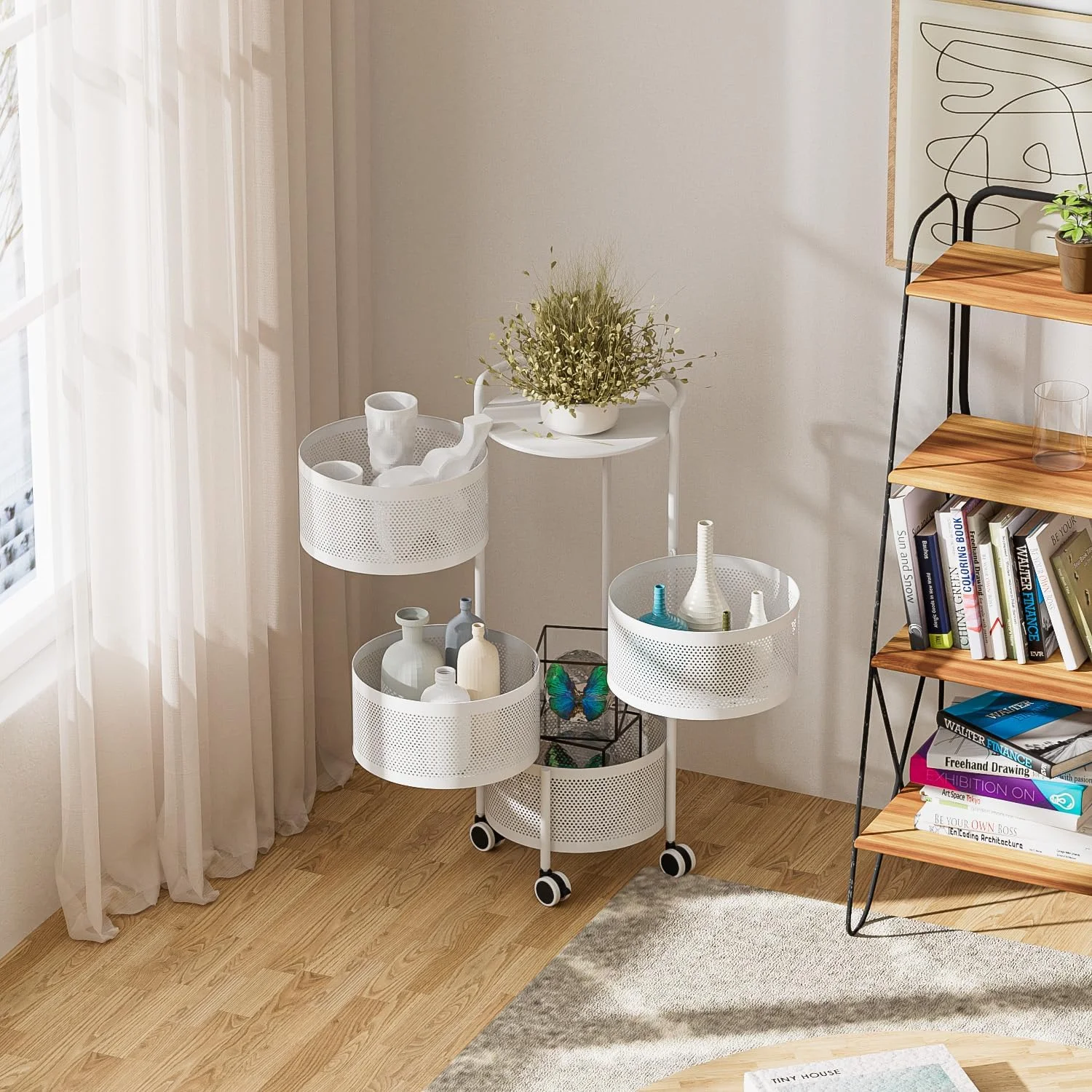 قفسه چرخشی JAQ برای آشپزخانه، قفسه سبدی چند لایه 4 طبقه با سبدهای قابل جابجایی روی چرخ برای میوه، سبزیجات، مواد غذایی، ذرت، سیب زمینی و پیاز (4 طبقه، سفید)