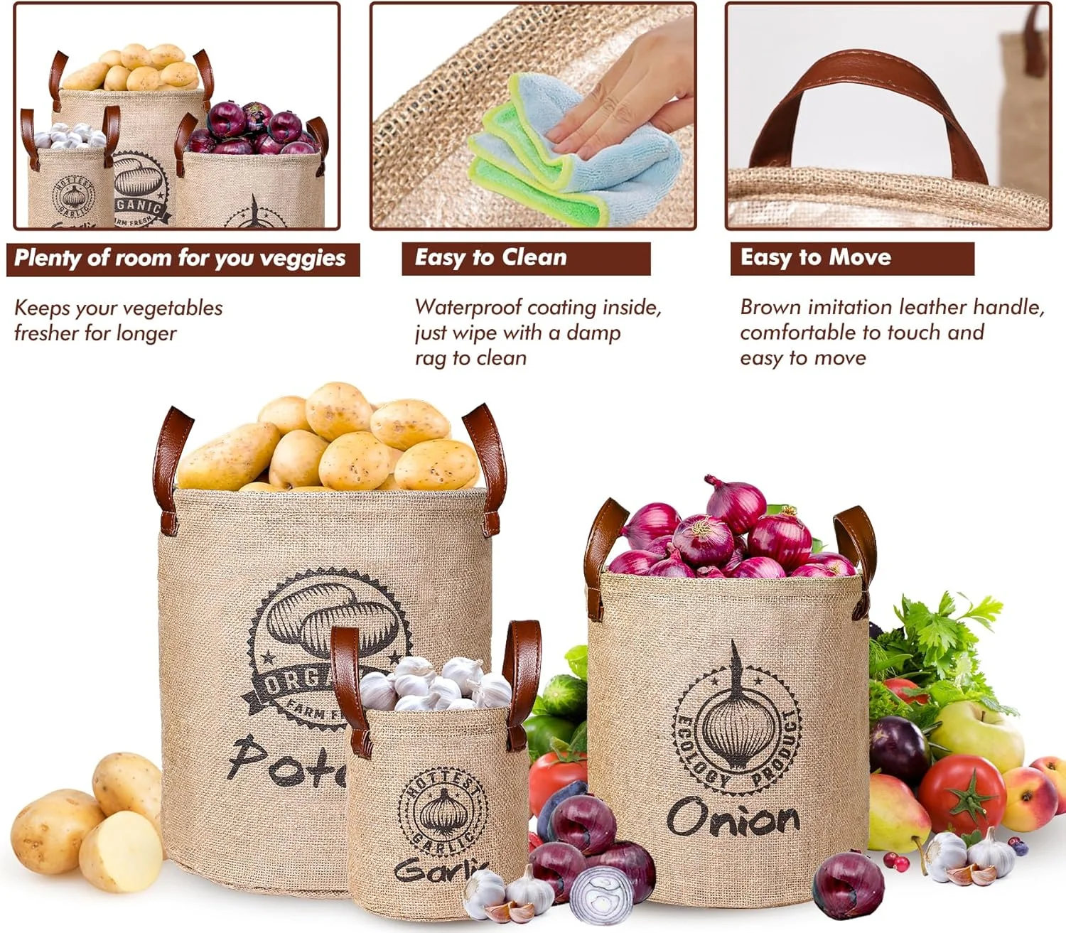 Kamehame Potato and Onion Storage Bags Garlic Storage Keeper Bag 3 Pcs Lined Burlap Pantry Storage Bin Basket