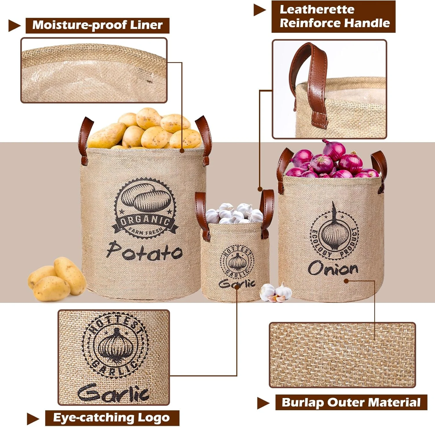 Kamehame Potato and Onion Storage Bags Garlic Storage Keeper Bag 3 Pcs Lined Burlap Pantry Storage Bin Basket