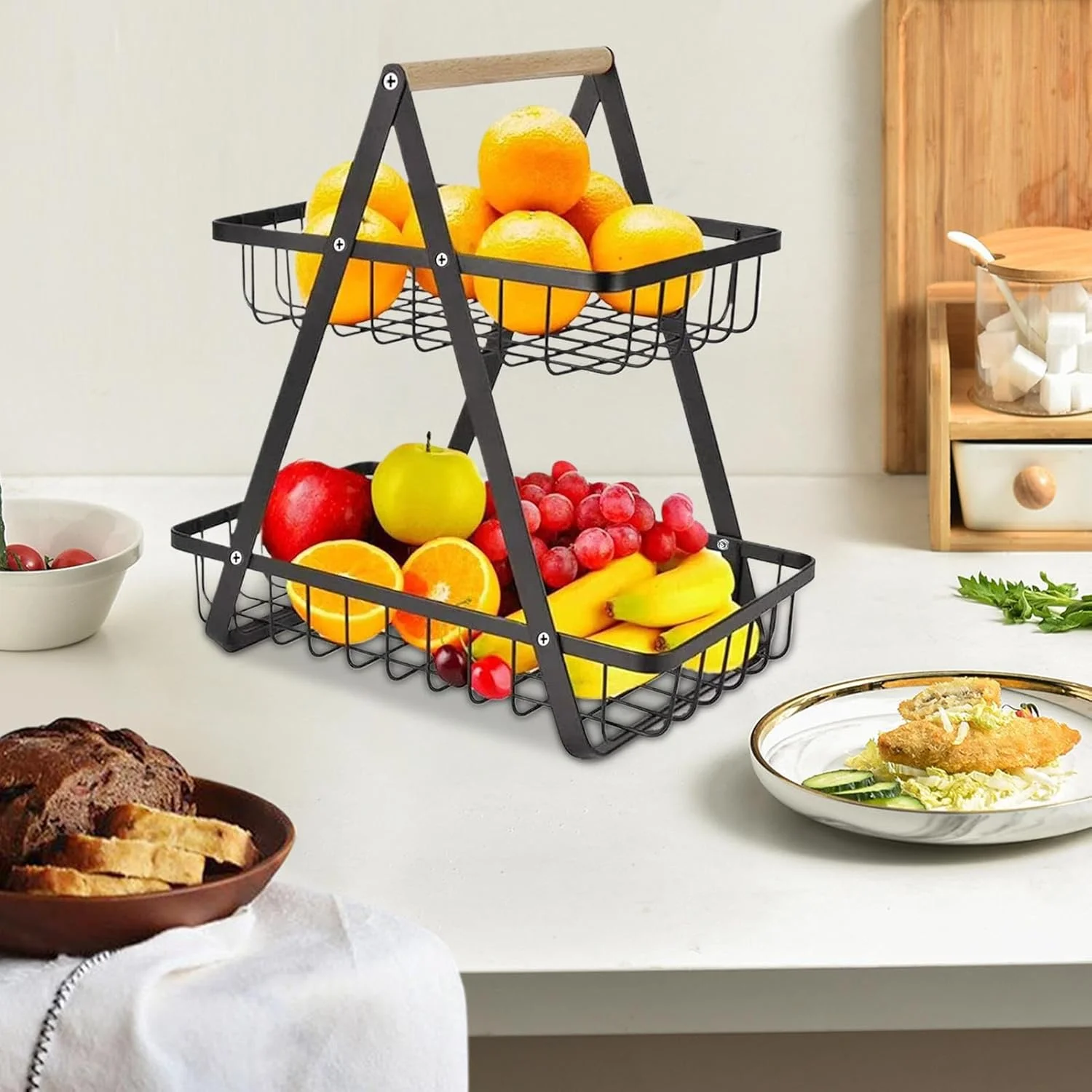 استند میوه، سبد میوه 2 طبقه برای پیشخوان آشپزخانه، قفسه نگهدارنده با ظرفیت بزرگ برای نگهداری تنقلات، نان، مهمانی، سرو پیاز و سیب زمینی استند میوه، سبد میوه 2 طبقه برای پیشخوان آشپزخانه، قفسه نگهدارنده با ظرفیت بزرگ برای نگهداری تنقلات، نان، مهمانی، سرو پیاز و سیب زمینی