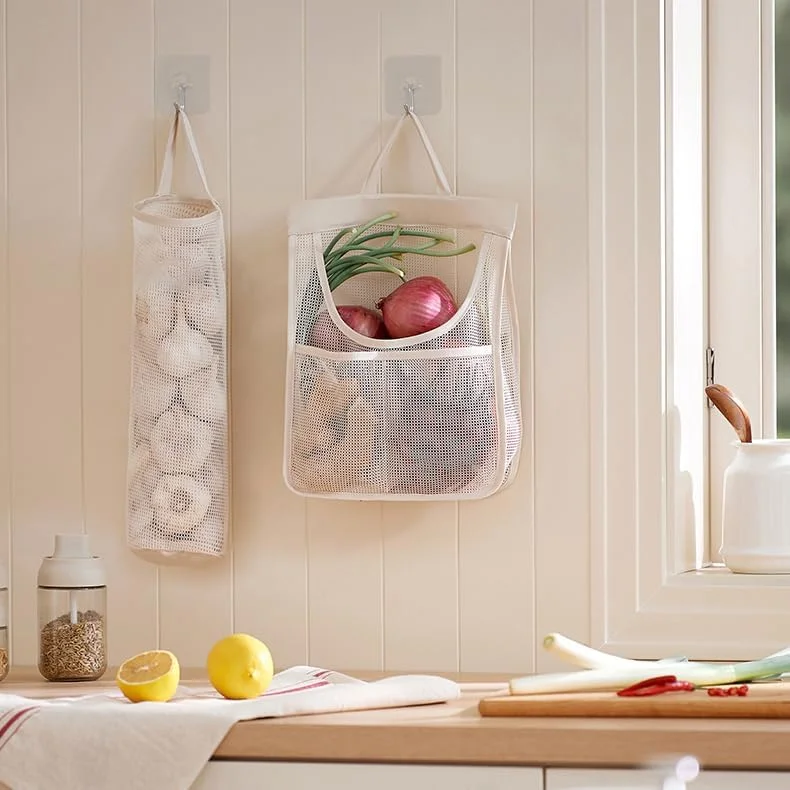 HINIHAO 6pcs Reusable Breathable Hanging Storage Mesh Bags, Onion Bags Mesh Garlic Net Bag, Washable Kitchen Storage Holder Bag for Potatoes, Onions, Garlics, Vegetables, Fruit (1)