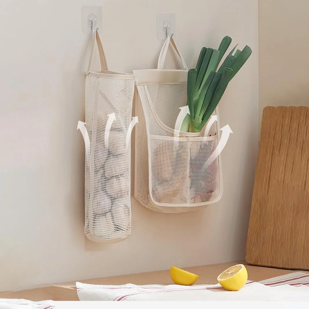 HINIHAO 6pcs Reusable Breathable Hanging Storage Mesh Bags, Onion Bags Mesh Garlic Net Bag, Washable Kitchen Storage Holder Bag for Potatoes, Onions, Garlics, Vegetables, Fruit (1)