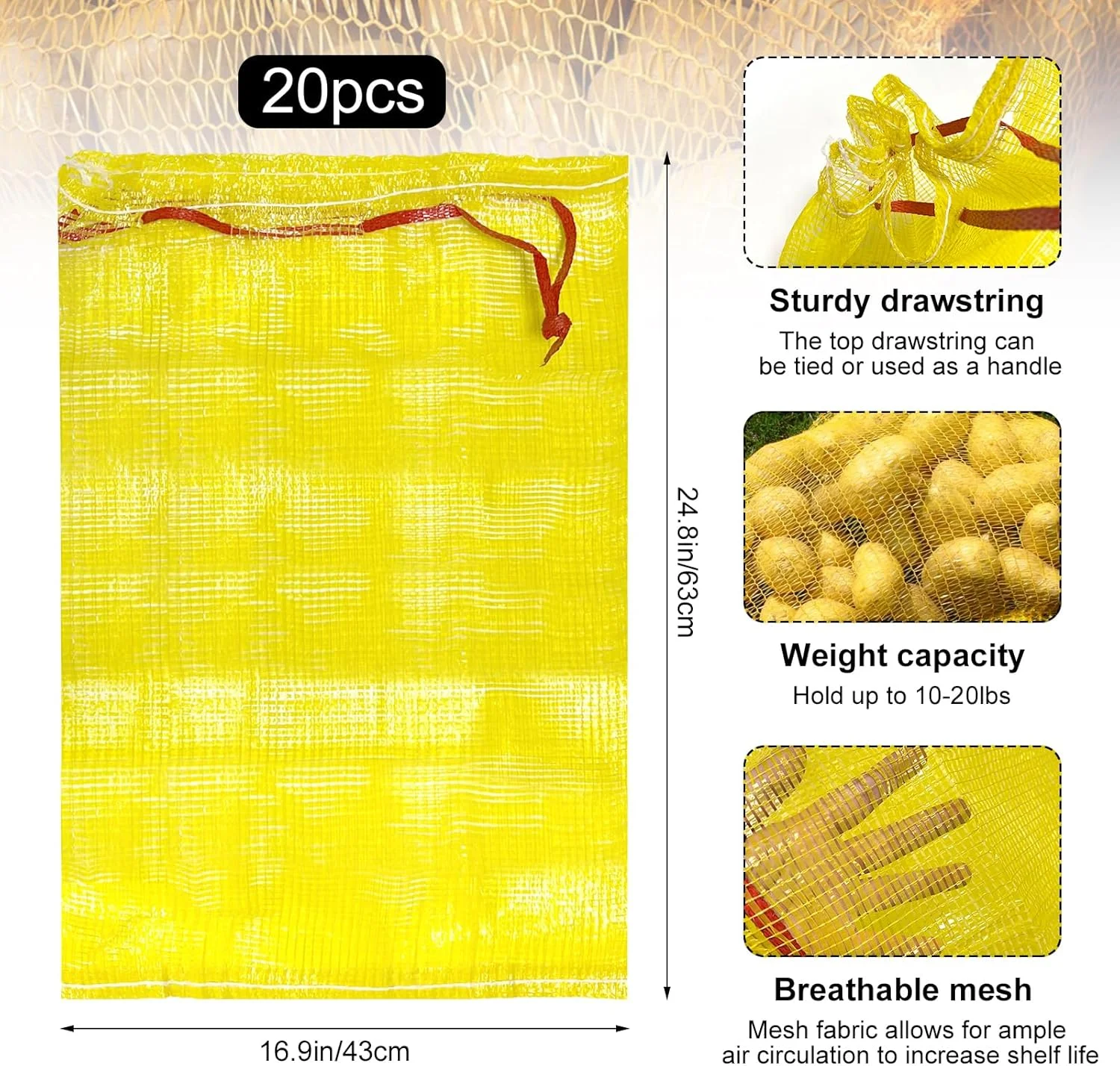 Hlimior 20 Pack Reusable Potato Storage Mesh Bags, 17"×25” Mesh Storage Produce Bags Reusable Vegetable Storage Bags, 20 lbs Capacity Onion Storage Washable Net Bags For Potato Garlic Fruits Seafood