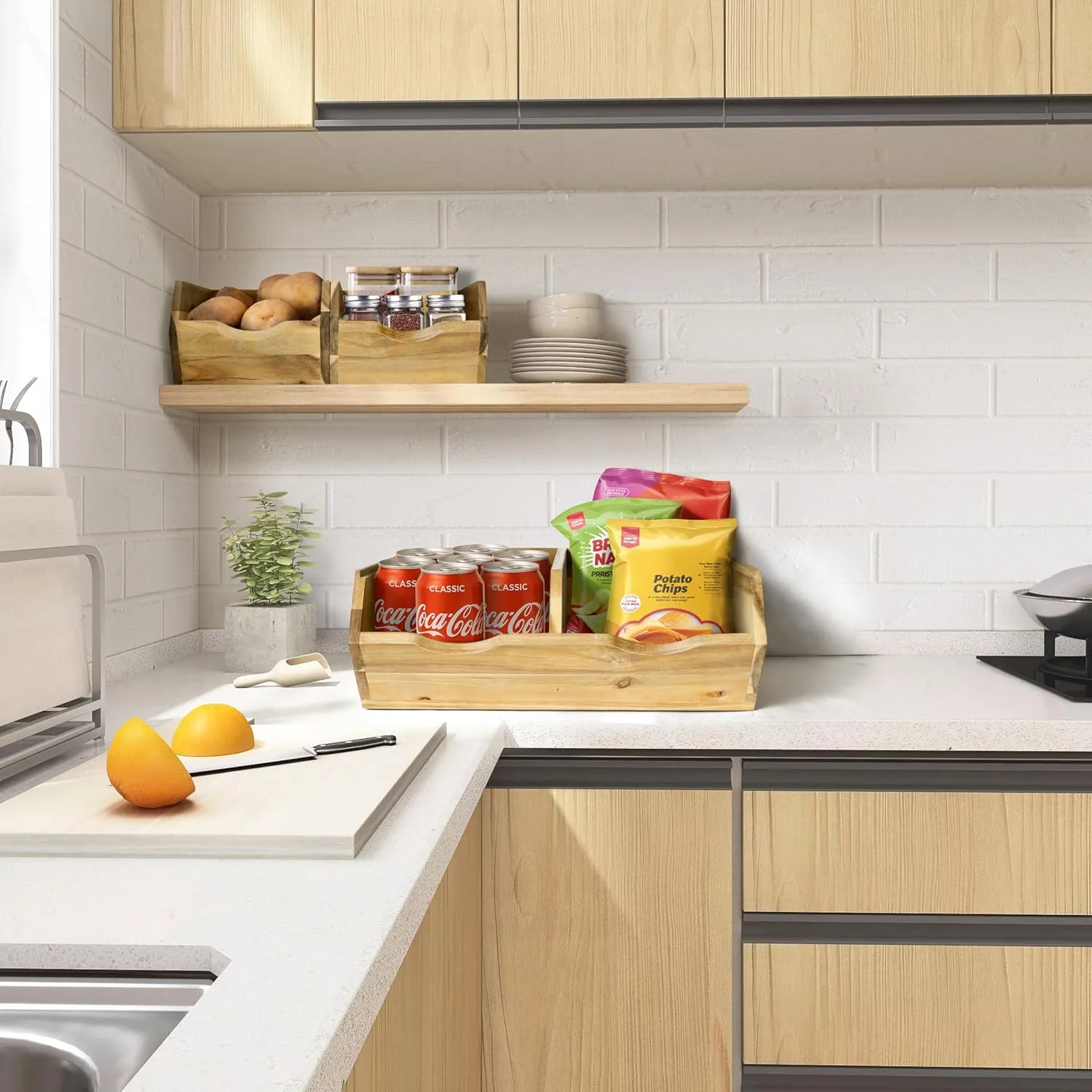 ظروف نگهداری مواد غذایی HOMESTEAD با دستگیره، چوب اقاقیا - قابل چیدن، ظروف نگهداری سیب زمینی و پیاز برای سازماندهی آشپزخانه، ست 3 تکه