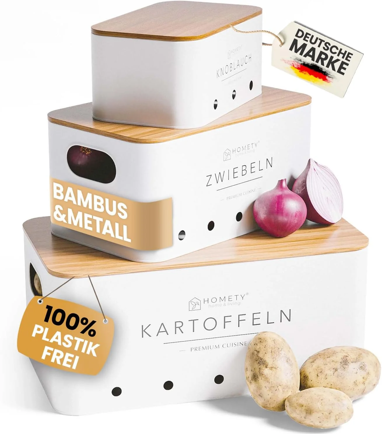 جعبه نگهداری سیب زمینی Homety [مجموعه 3 عددی] - سبزیجات را برای مدت طولانی تری تازه نگه می دارد - راه ایده آل برای نگهداری پیاز، سیب زمینی و سیر (سفید)