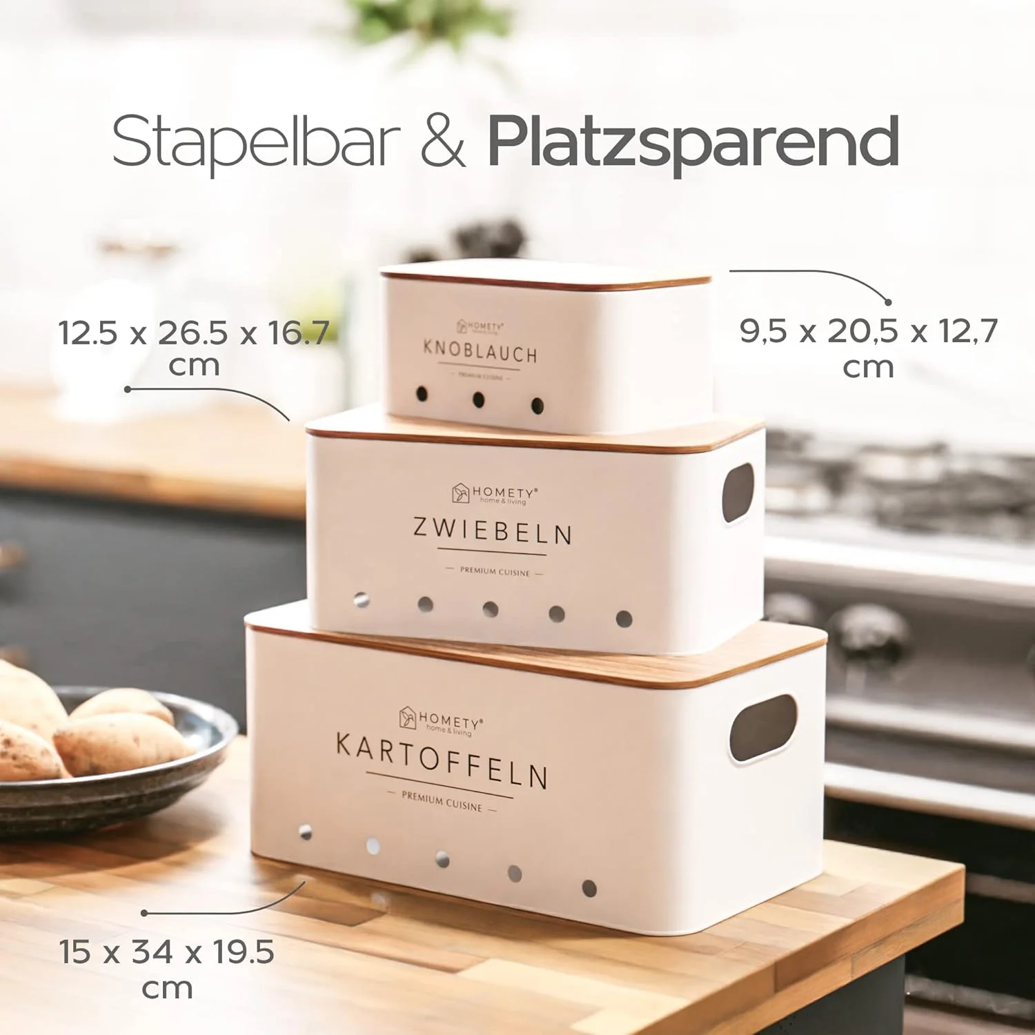 جعبه نگهداری سیب زمینی Homety [مجموعه 3 عددی] - سبزیجات را برای مدت طولانی تری تازه نگه می دارد - راه ایده آل برای نگهداری پیاز، سیب زمینی و سیر (سفید)