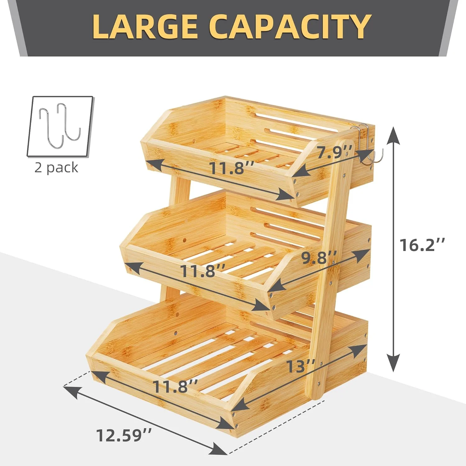 سبد میوه Hellojin برای پیشخوان آشپزخانه - سبد بزرگ میوه و سبزیجات با آویز موز، مناسب برای نگهداری نان، تنقلات و ادویه