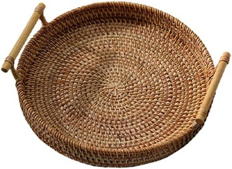 سبد میوه حصیری Hfghgfhk، سینی گرد حصیری برای نگهداری، سبد نگهداری، بشقاب کیک و نان، مناسب برای دکور آشپزخانه منزل (3x24cm)