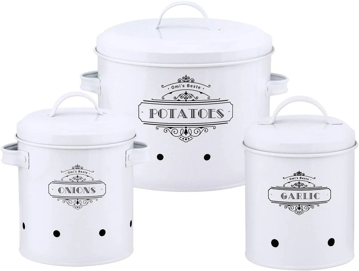 هاس رولاند ست 3 عددی ظروف نگهداری سیب زمینی، پیاز و سیر، مناسب آشپزخانه، دارای درب فلزی و سوراخ های تهویه هوا (سفید, GS-03621-3PCS(A-409))